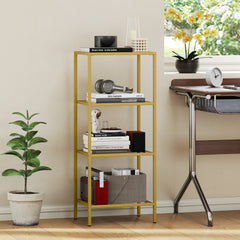 Fynco - 4-Tier Shelving Unit, Glass Shelf, Vertical Storage Shelf for Living Room, Home Office, Bedroom, Bathroom, Gold Tone