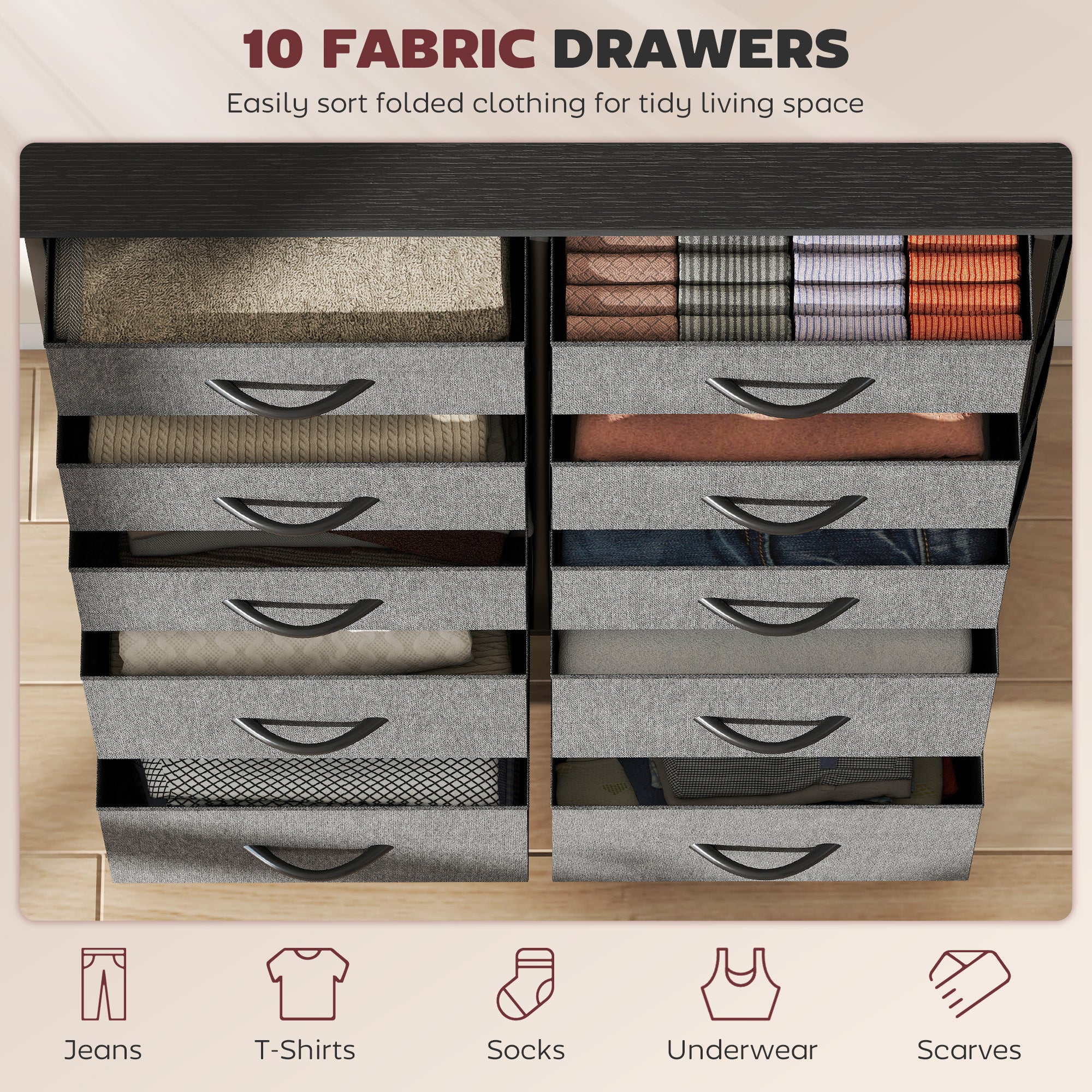 Chest of Ten Fabric Drawers - Charcoal Grey