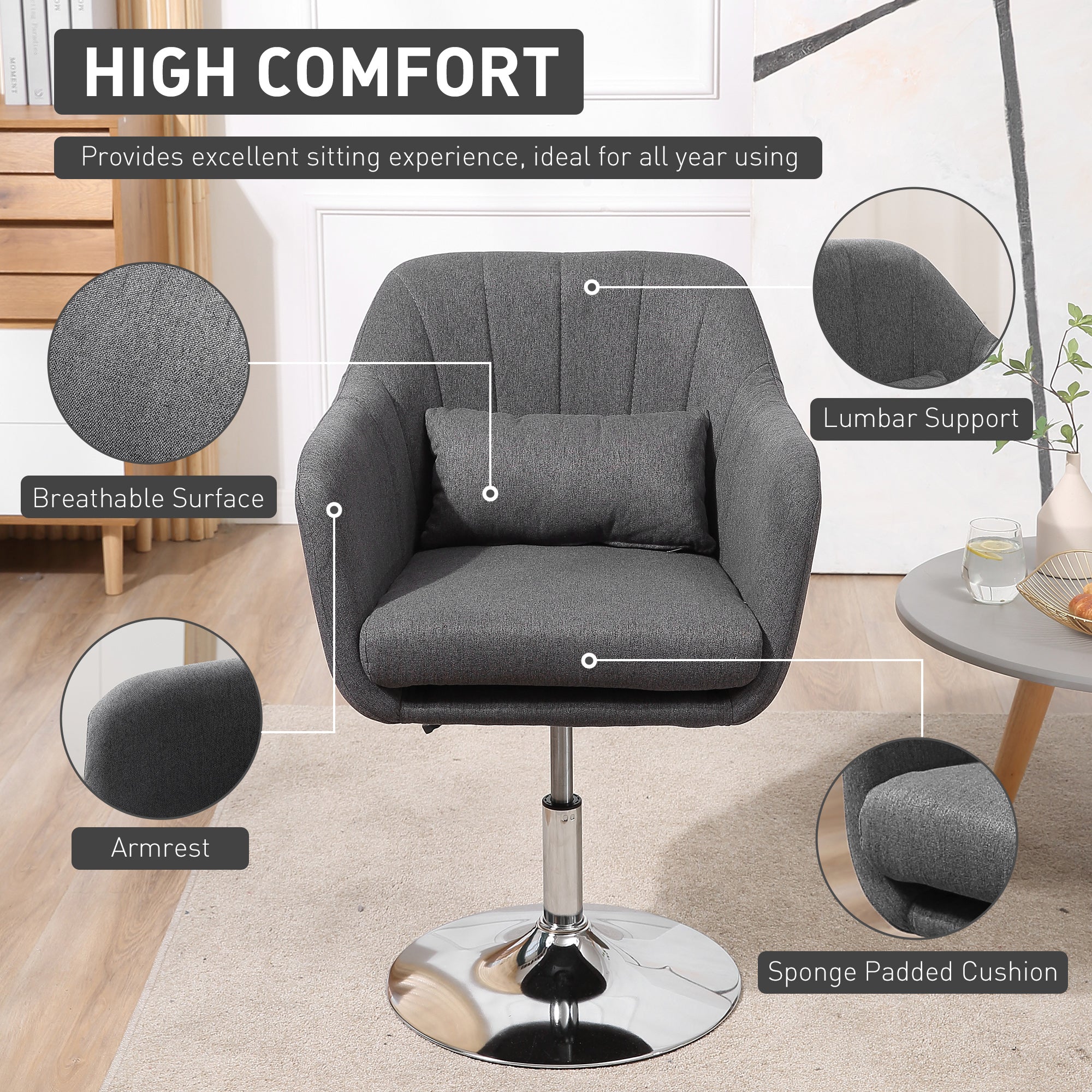 Swivel Linen Fabric Accent Chair for Living Room Contemporary Vanity Armchair with Adjustable Height Thick Cushion Lumbar Support Armrest for Bedroom Office Dark Grey
