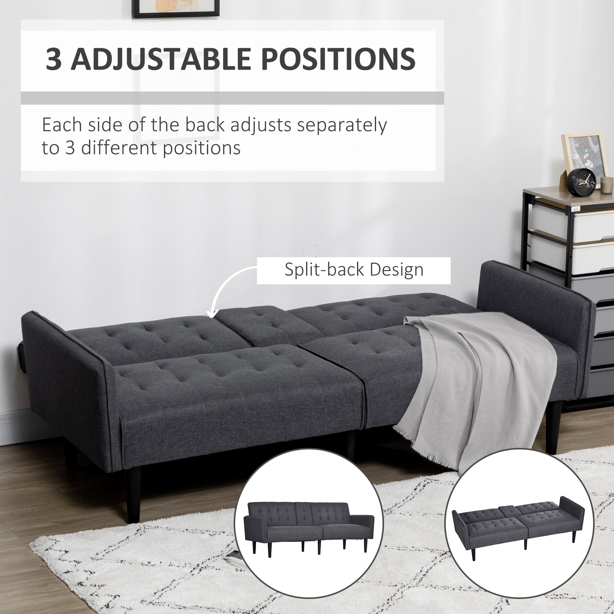 Three-Seater Sofa Bed, with Cupholders - Grey