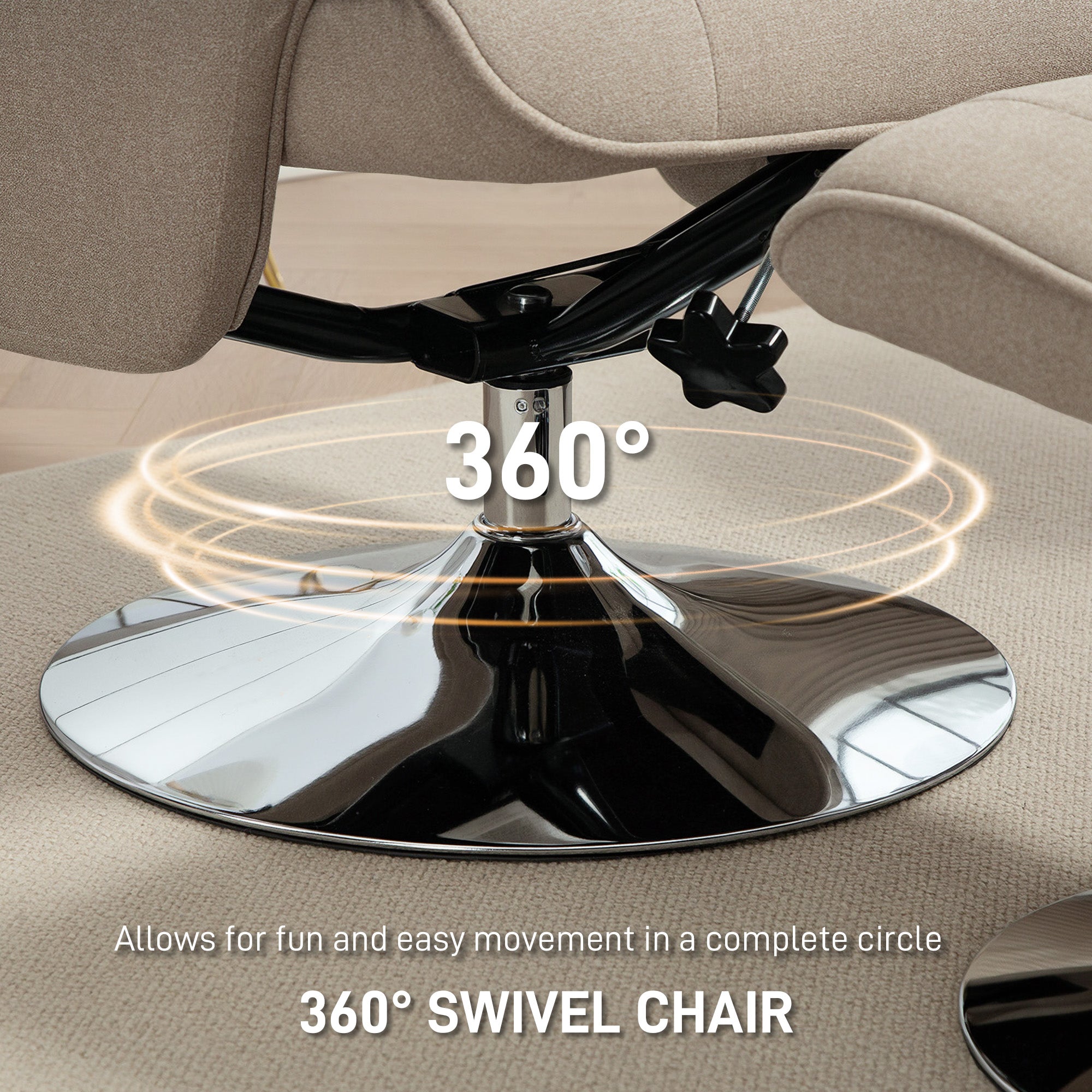 Fynco - Swivel Recliner Chair with Footstool, Velvet Recliner Armchair with Ottoman, Steel Base, Upholstered Reclining Chair for Living Room, Bedroom, Office, Beige