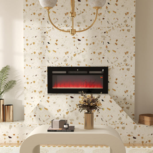 Fynco - 102cm/40" Electric Fireplace, 2000W Recessed and Wall Mounted Electric Fire with Remote Control, 9 Flame Colour and Crystal, Black