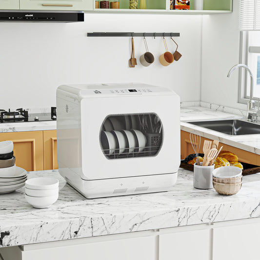 Table Top Dishwasher with Built-in 6L Water Tank, Mini Countertop Dishwasher with 6 Programs, 4 Place Settings, White