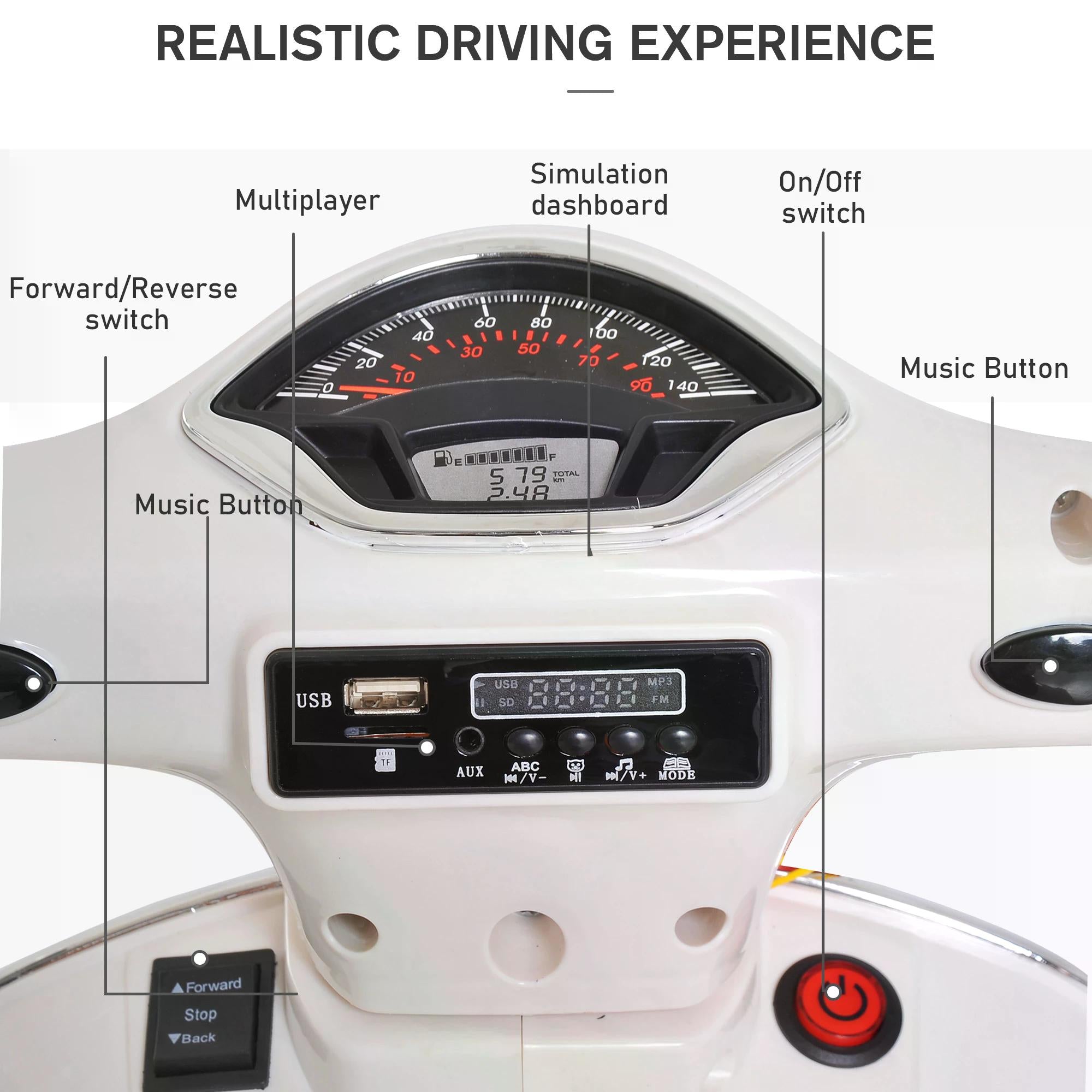 Kids Ride On Vespa Motorcycle W/LED Lights - White