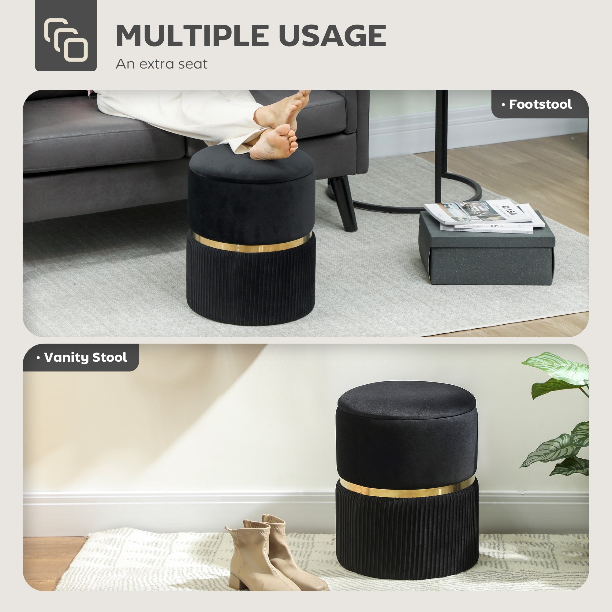 Fynco - Velvet-Feel Storage Ottoman - Black