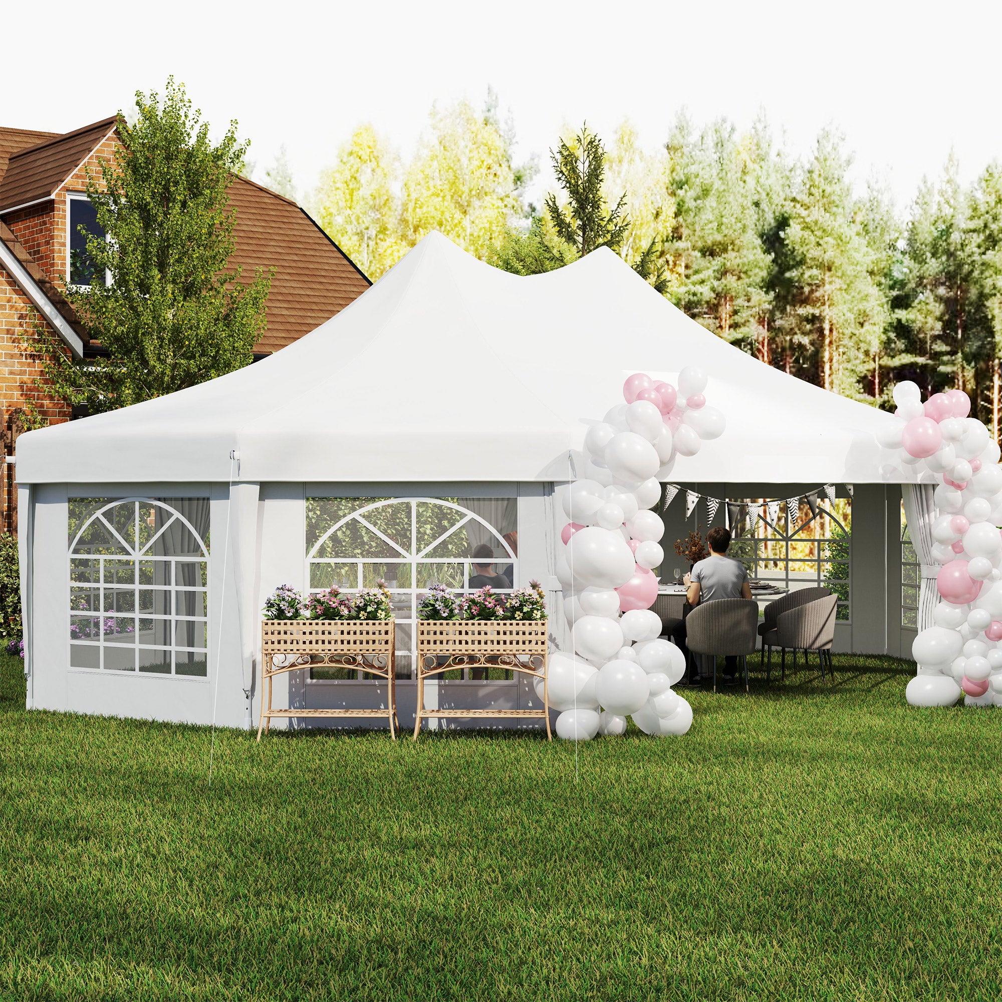 10 Sides Decagonal Garden Gazebo Marquee Party Tent Wedding Canopy Outdoor Heavy Duty Metal Frame (8.9m x 6.5m) - White