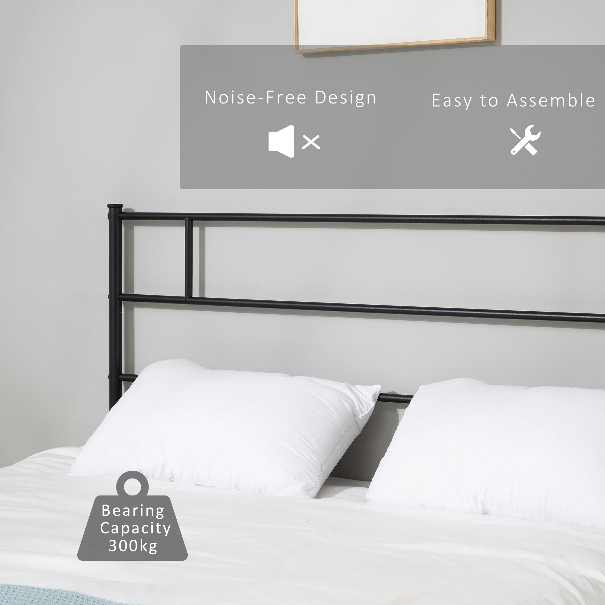 Double Metal Bed Frame Solid Bedstead Base with Headboard and Footboard, Metal Slat Support and Underbed Storage Space, Bedroom Furniture, Black