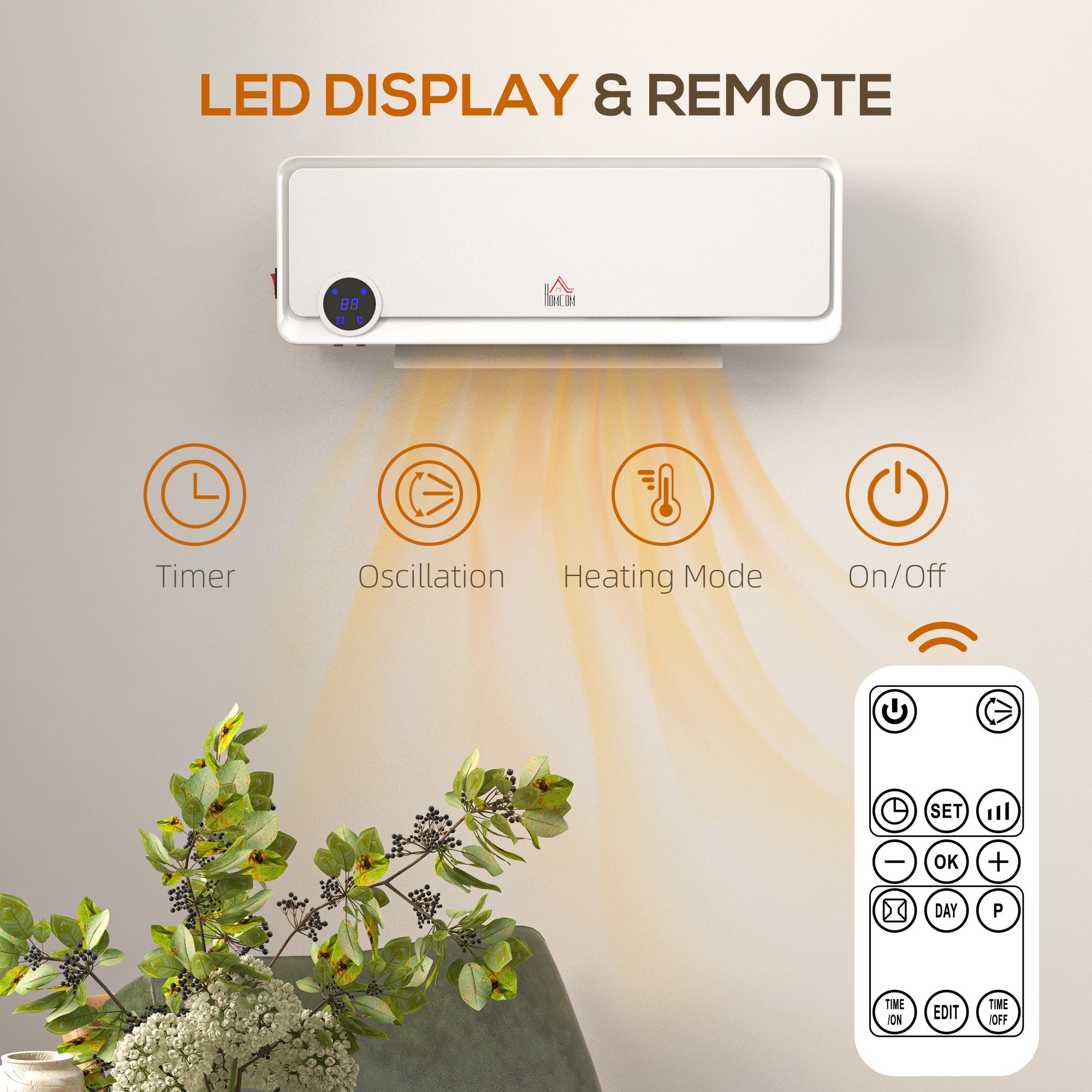 Fynco - Wall Downflow Heater 2 Heat and Fan 1000W/2000W, Electric Space Heater with Timer Remote Oscillating, for Bedroom Home Office, White