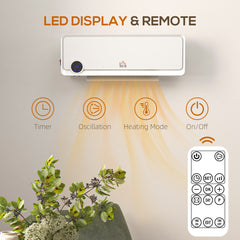 Fynco - Wall Downflow Heater 2 Heat and Fan 1000W/2000W, Electric Space Heater with Timer Remote Oscillating, for Bedroom Home Office, White