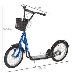 Fynco - Kids Scooter, Kick Stunt Scooter with Adjustable Handlebar, Dual Brakes, Basket, Cupholder, Mudguard, 16" Inflatable Rubber Wheels, for 5-12 years, Blue