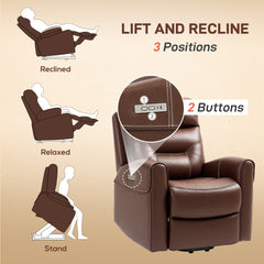 Power Lift Recliner Chair for Elderly, Overstuffed Faux Leather Riser and Reclining Chair with USB A+C Ports, Remote Control, Recliner Armchair for Living Room, Brown