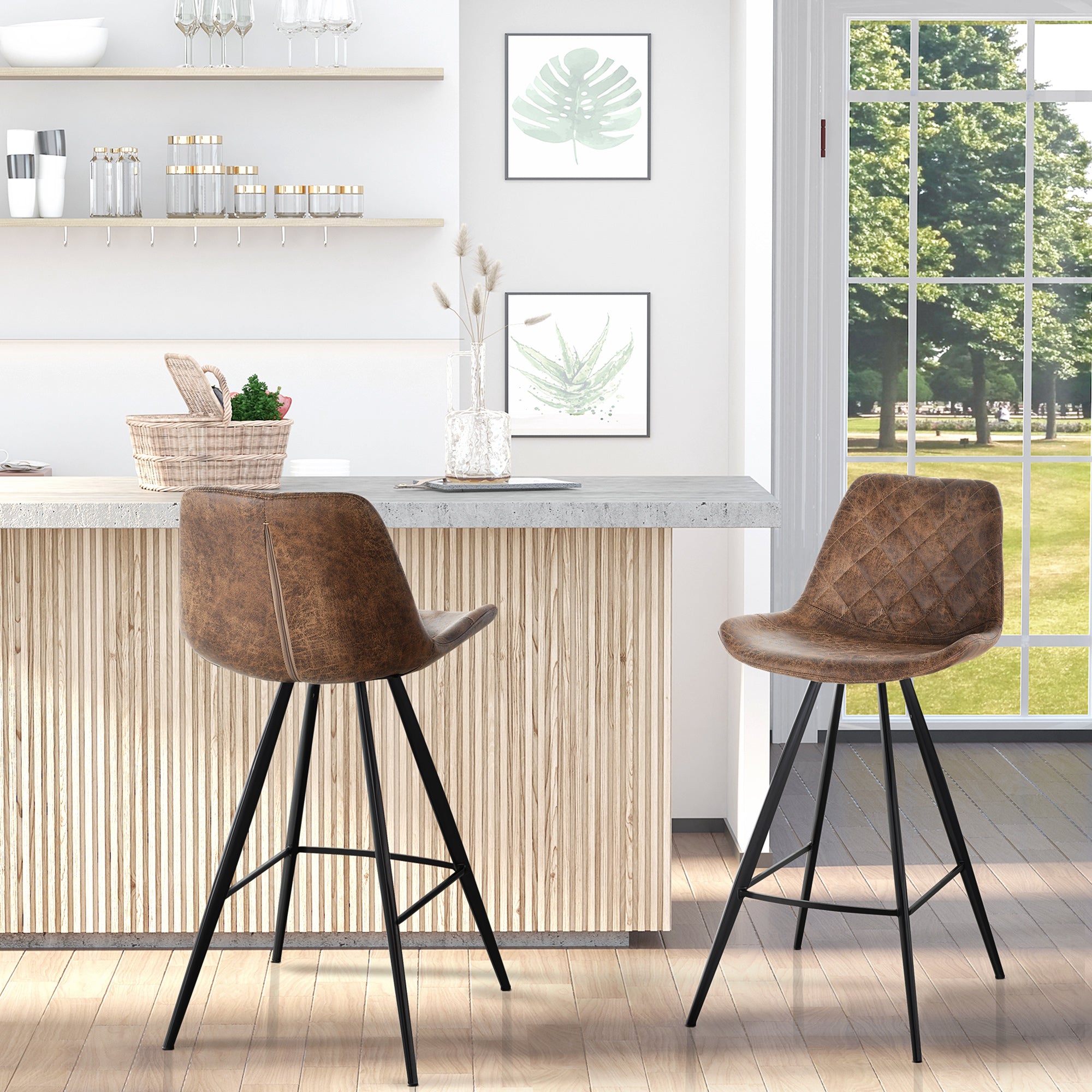 Set Of 2 Bar Stools Vintage Microfiber Cloth Tub Seats Padded Comfortable Steel Frame Footrest Quilted Home Bar Cafe Kitchen Chair Stylish Brown