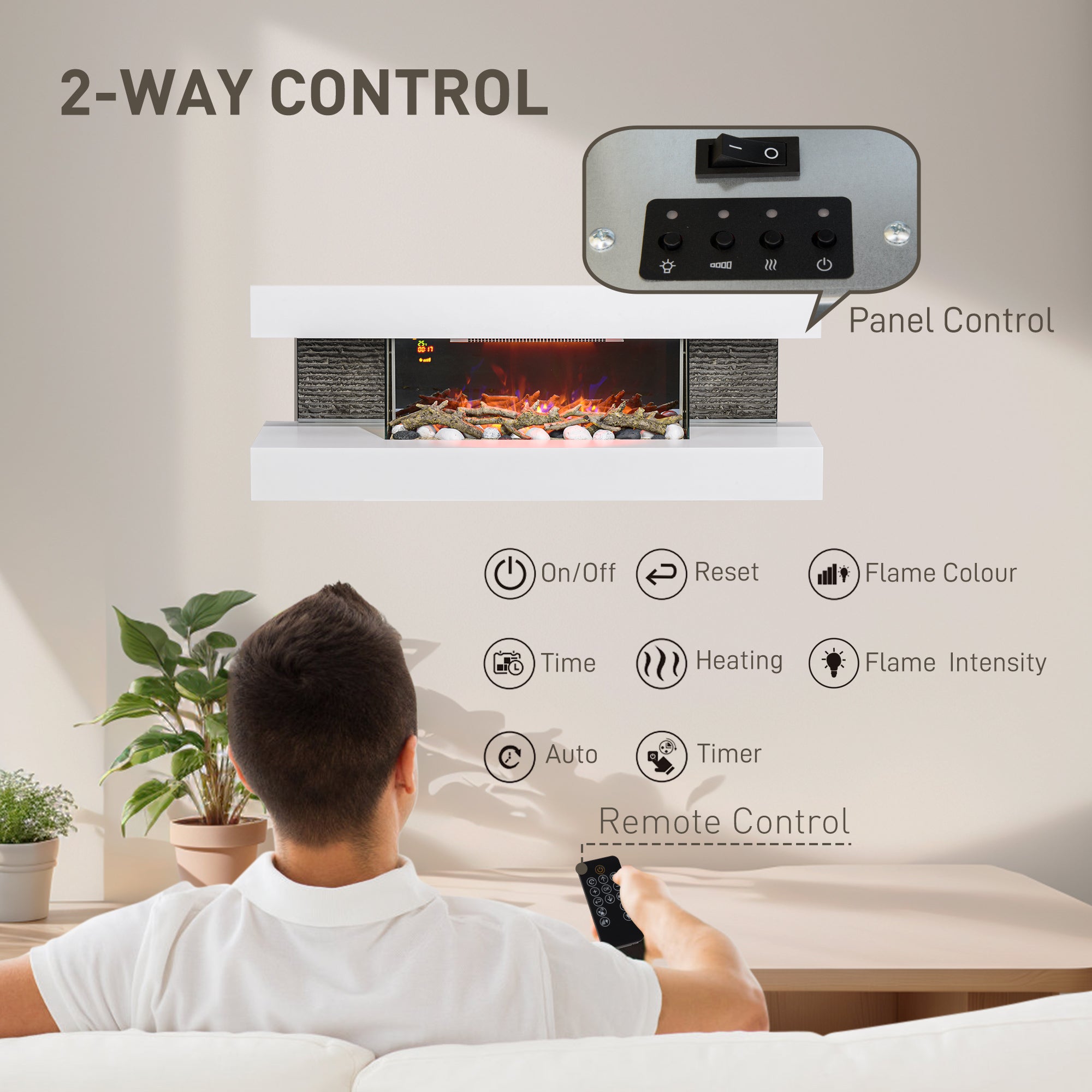 Fynco - 47inch / 120cm Electric Fireplace Wall Mounted, Freestanding, Glass Electric Fire Suite with Mantel, Adjustable LED Flame Effect and Temperature, Log, Pebble, Remote Control, 2000W, White