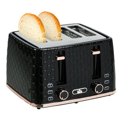 4 Slice Toaster with 7 Browning Levels, High Lift, Reheat/Defrost/Cancel, Self-centring Function, Removable Crumb Tray, Auto Off, 1600W, Black Honeycomb Texture