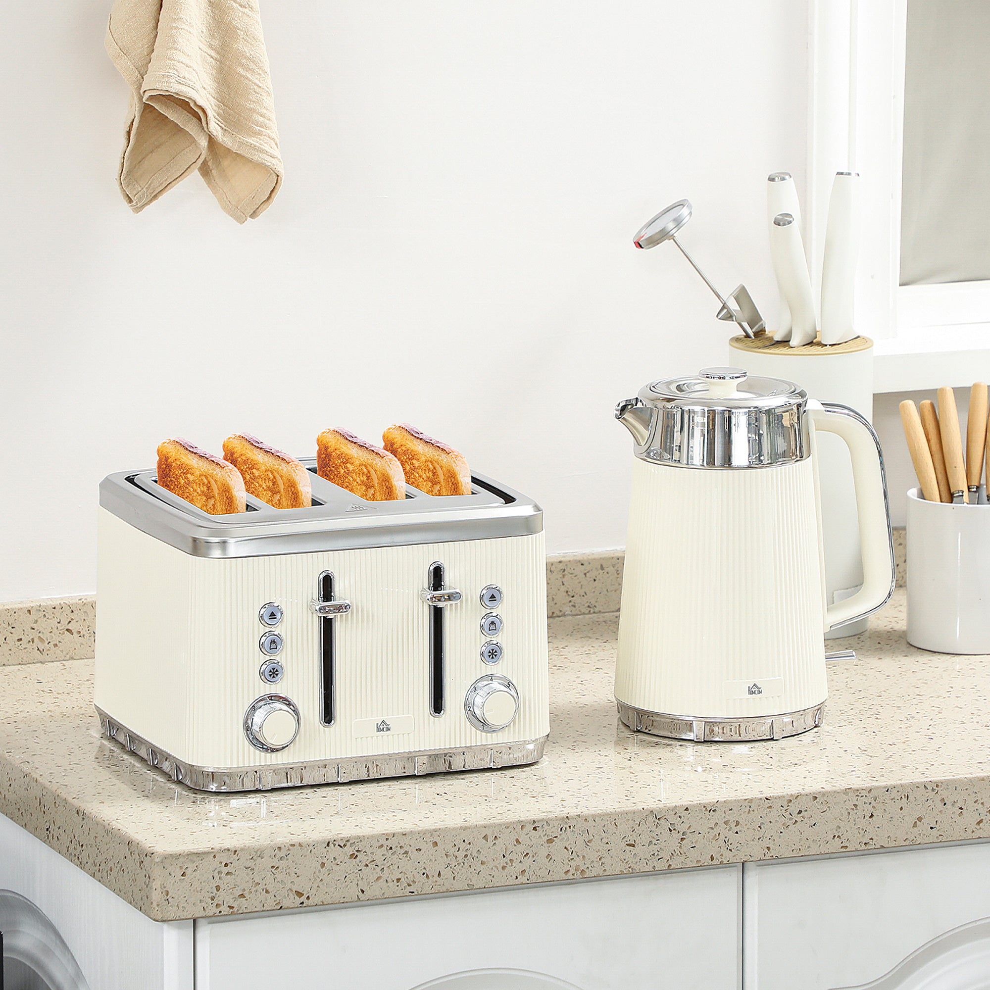 Electric Kettle and Toaster Set, 3000W 1.7L UK Strix Thermostat Rapid Boil Jug Kettle with Limescale Filter, Cool Touch Body, 4 Slice Toaster with 7 Browning Controls, Crumb Tray, Cream
