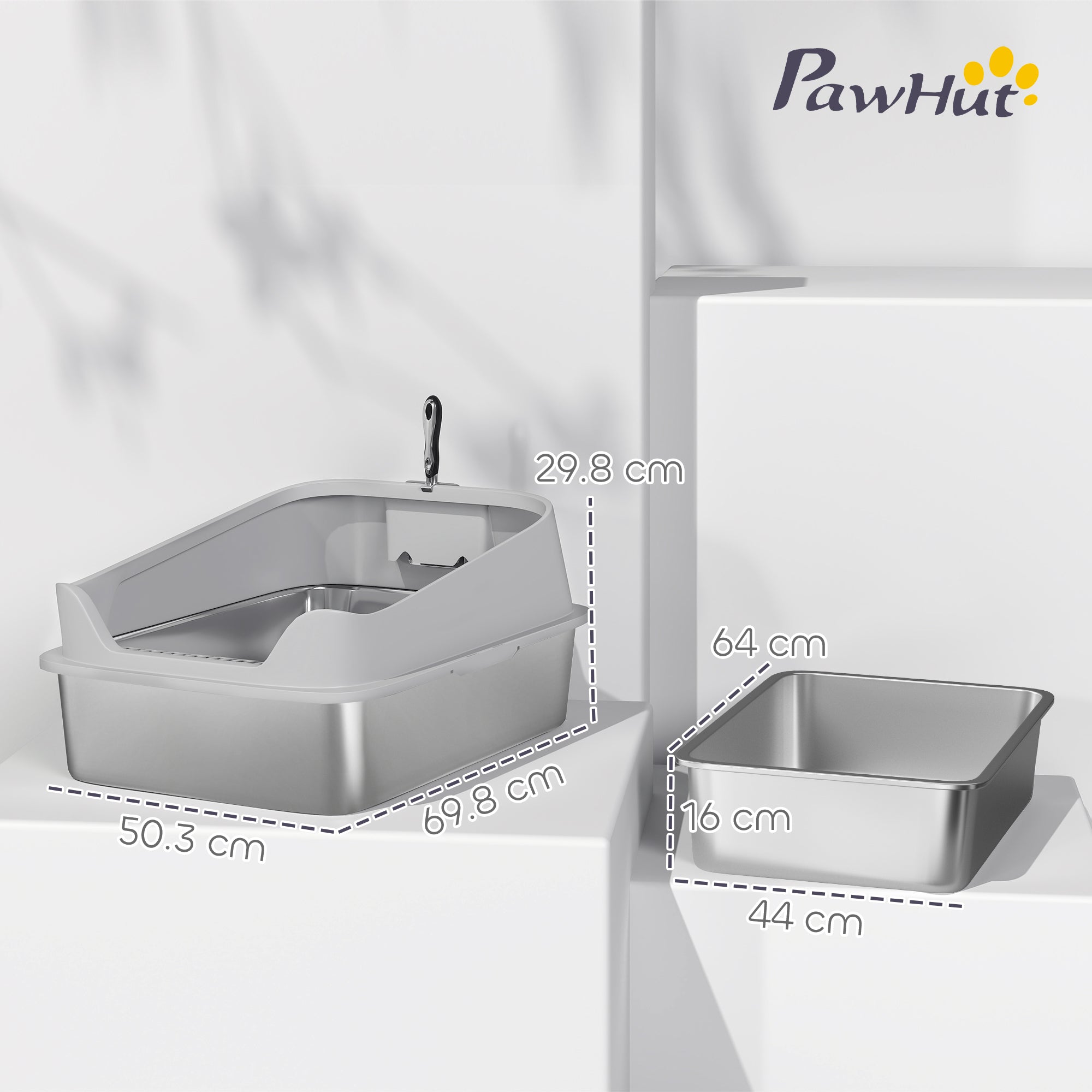 XXL Stainless Steel Cat Litter Box with High Sides, Metal Scoop, 70 x 50 x 30 cm