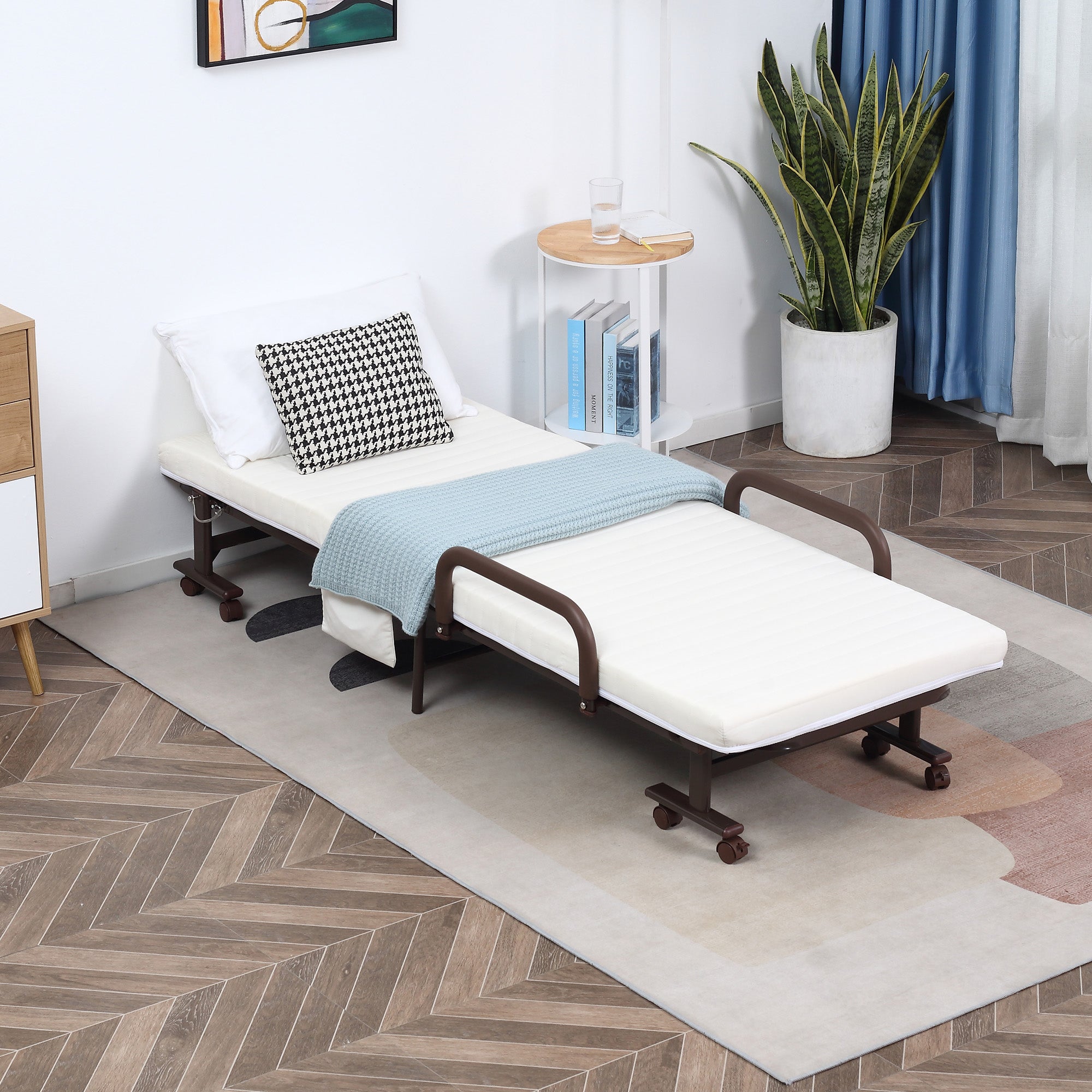 Folding Bed with Mattress, Single Guest Bed, Portable Fold Bed with Adjustable Backrest, Metal Frame on Wheels, White, 190 x 76 cm