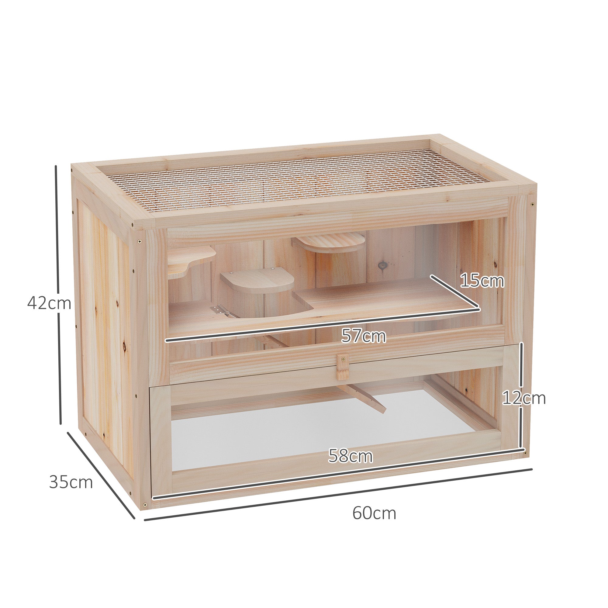 Wooden Hamster Cage Mouse Mice Rodent Small Animals Hutch Exercise Play House 60 x 35 x 42cm, Natural Wood Finish