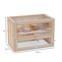 Wooden Hamster Cage Mouse Mice Rodent Small Animals Hutch Exercise Play House 60 x 35 x 42cm, Natural Wood Finish