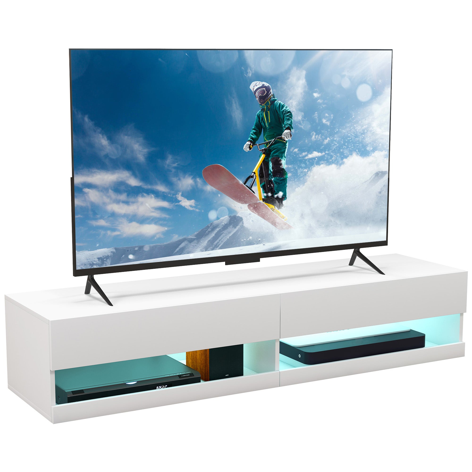 Floating TV Unit, Wall Mounted TV Cabinet for TVs up to 65", High Gloss Media Wall Unit with LED Lights, Storage Shelves for Living Entertainment Room, White