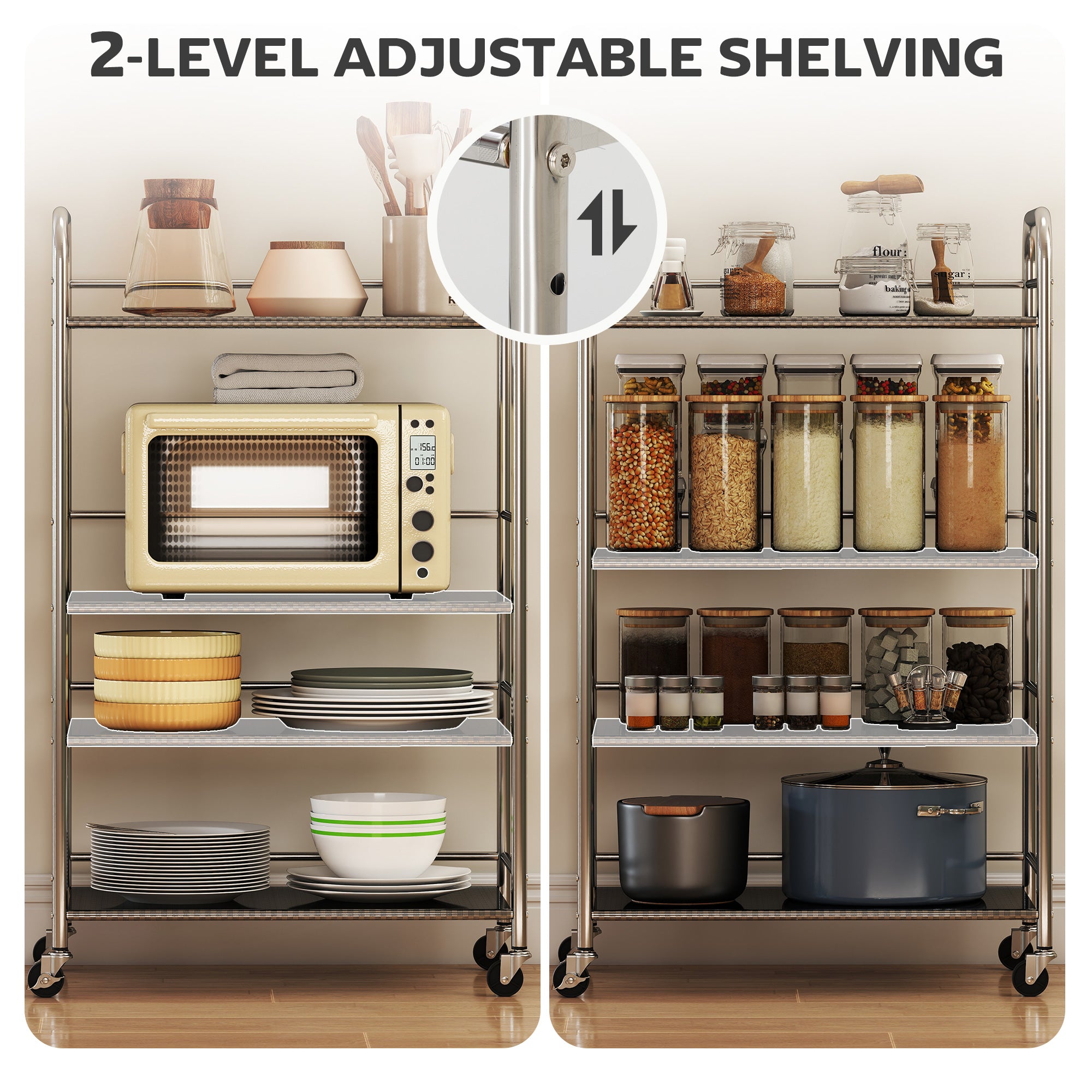 Fynco - 4 Tier Stainless Steel Kitchen Storage Trolley with Adjustable Shelves - Silver