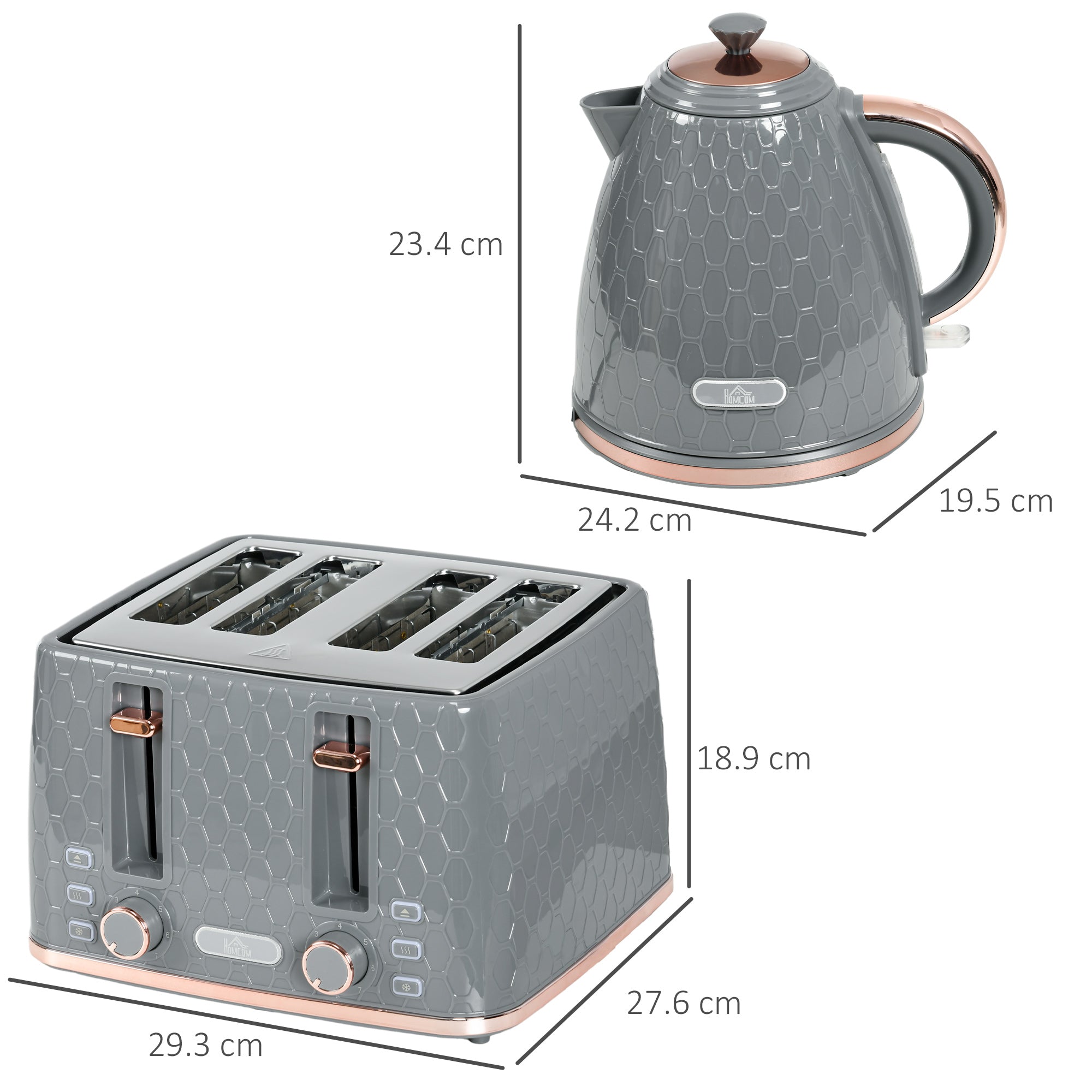 1.7L 3000W Fast Boil Kettle & 4 Slice Toaster Set, Kettle and Toaster Set with 7 Browning Controls, Crumb Tray, Grey