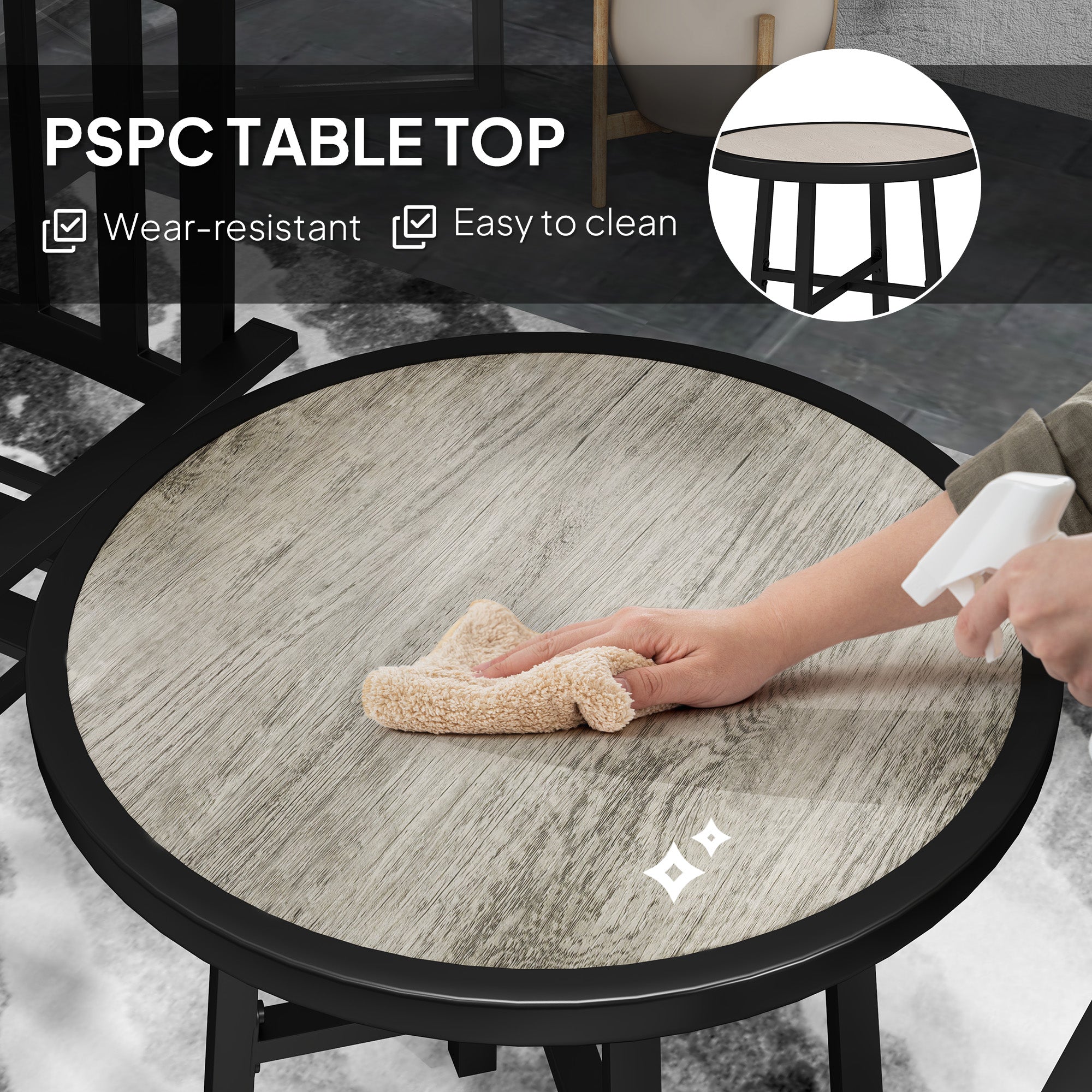 3 Piece Patio Bistro Set with Plastic Top, 2 Stackable Chairs, Galvanised Steel Frame, Grey