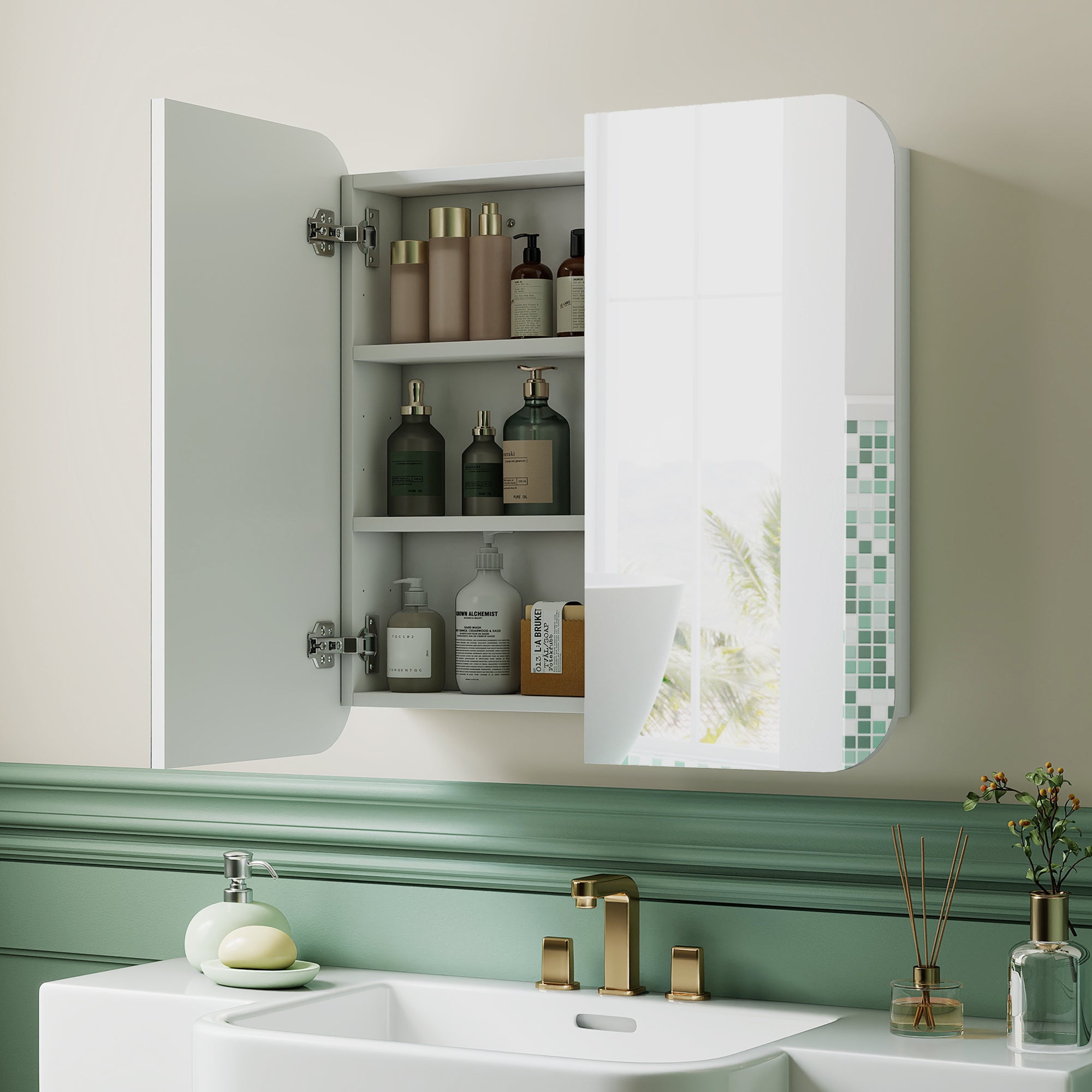 Fynco - Arched Bathroom Mirror Cabinet with Adjustable Shelves - White