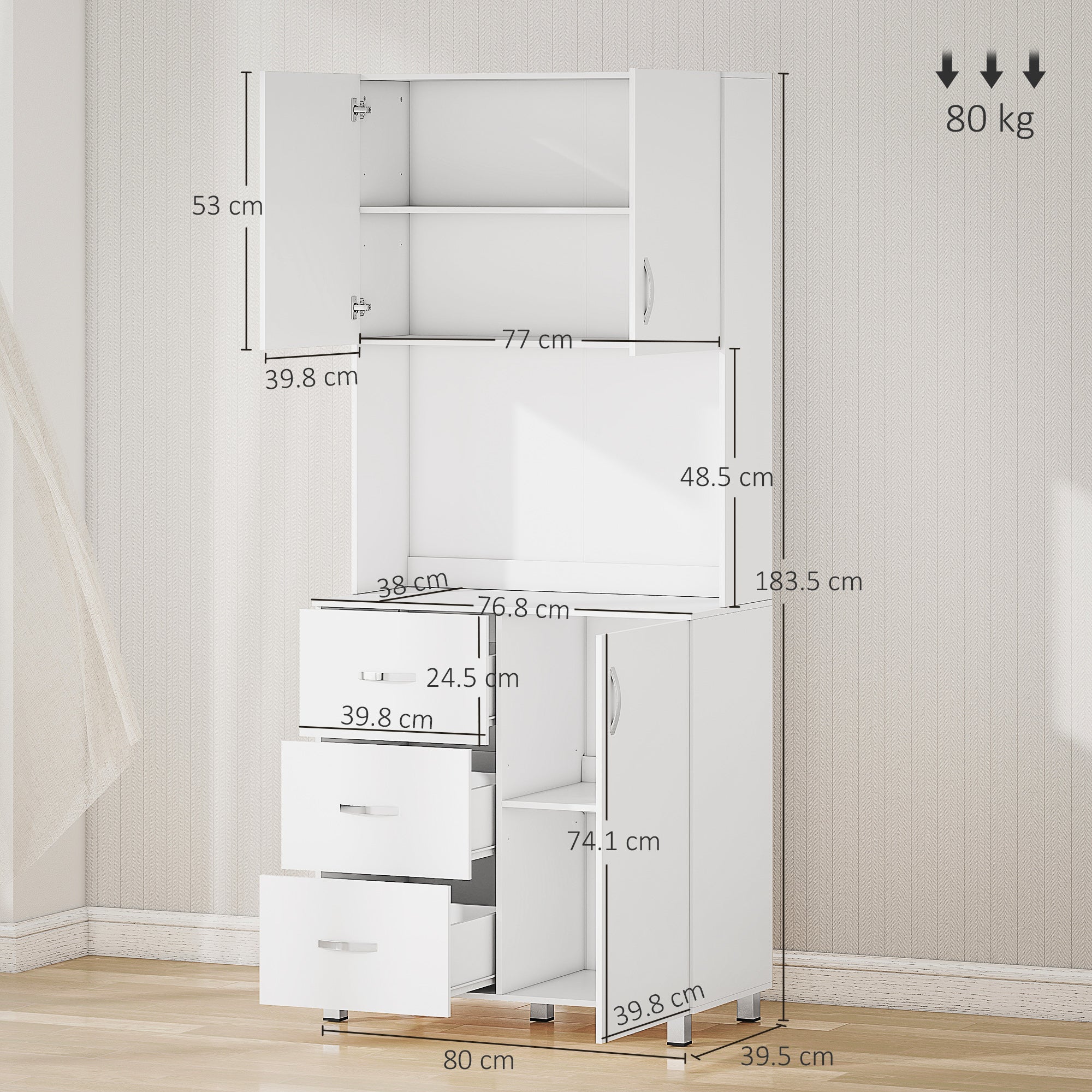 Free standing Kitchen Cupboard, Storage Cabinet with Doors and Sheleves, 3 drawers and Open Space, Adjustable Height Storage Unit, White