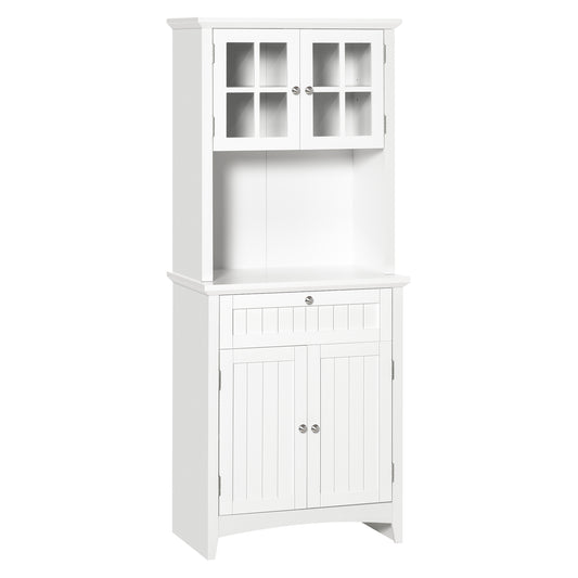 Kitchen Cupboard, Wooden Storage Cabinet with Framed Glass Door, Drawer, Microwave Space for Dining and Living Room, White