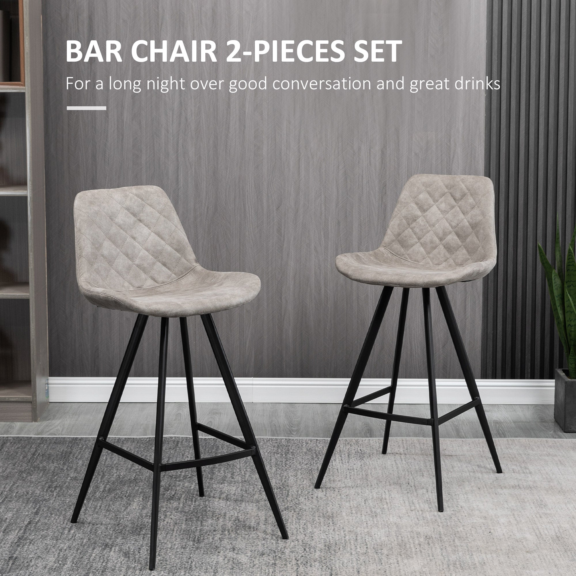 Set Of 2 Bar Stools Vintage Microfiber Cloth Tub Seats Padded Comfortable Steel Frame Footrest Quilted Home Bar Cafe Kitchen Chair Stylish Grey