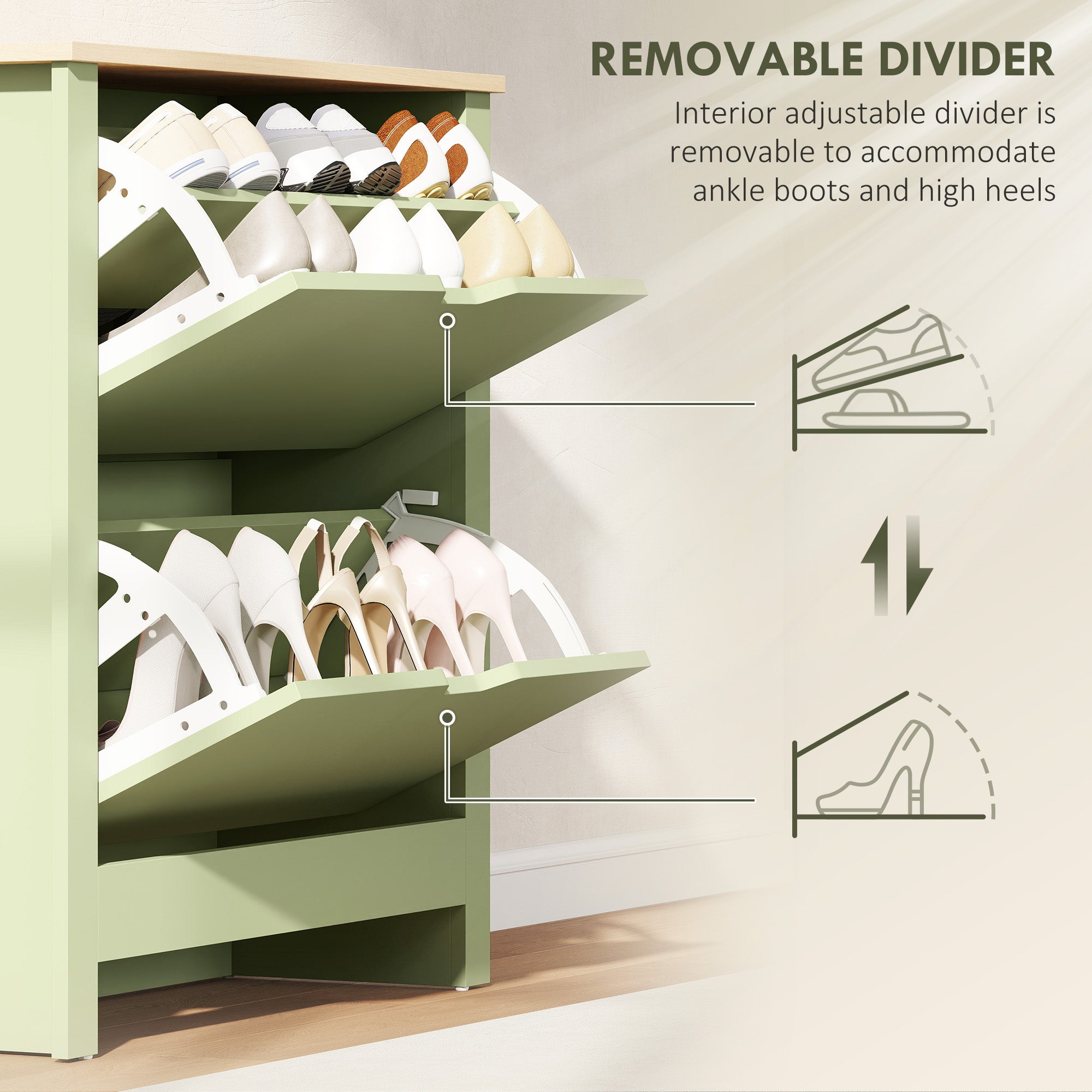Fynco - Slim Shoe Cabinet, Narrow Shoe Cupboard with 2 Flip Drawers, Adjustable Shelves for 12 Pairs of Shoes, Green