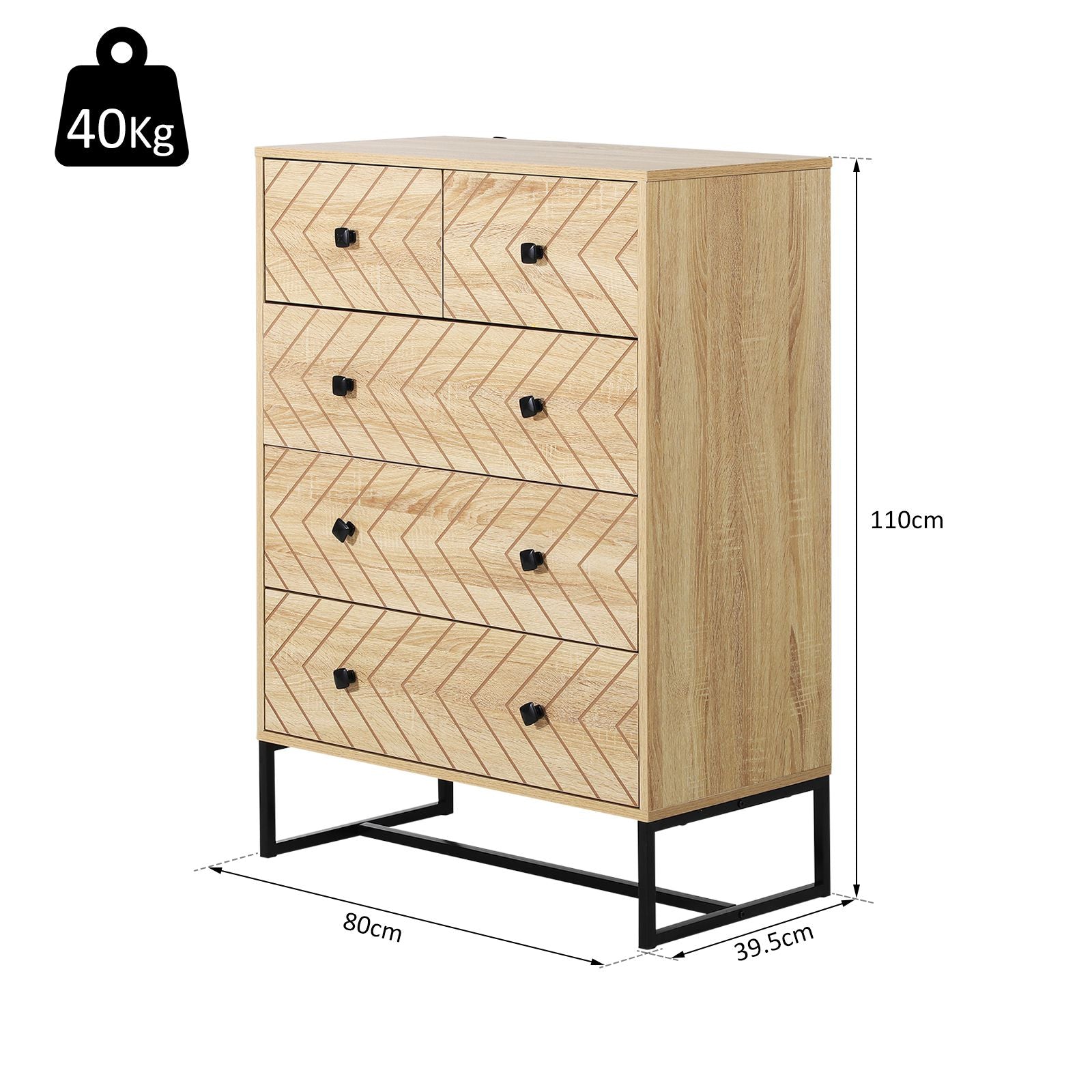 5 Drawer Chest Sideboard Cabinet Storage Unit Bedroom Home Unique Zigzag Design w/ Black Metal Handles Anti Tip & Top