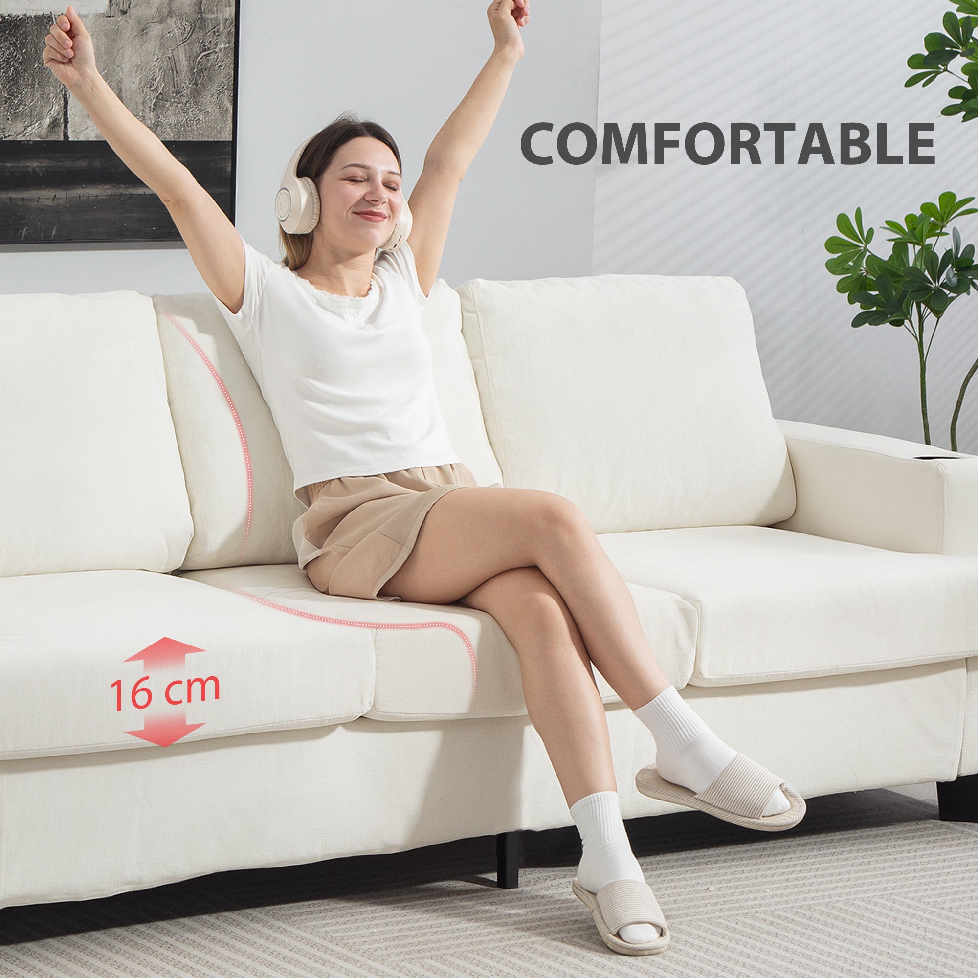 Fynco - 3 Seater Sofa with USB Ports & Cup Holders - Cream White