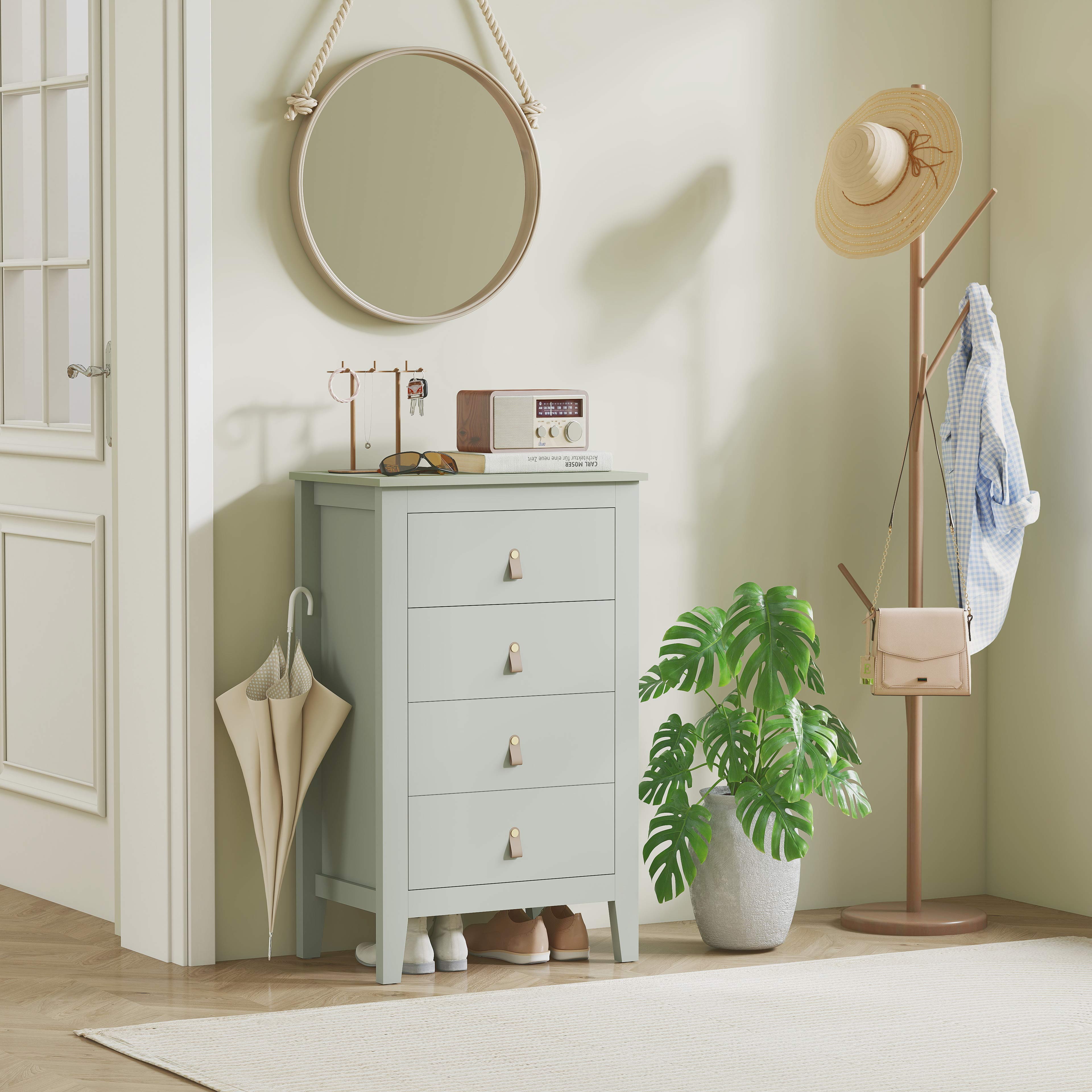 Bedroom Chest of Drawers, Modern 4 Drawer Dresser Cabinet with PU Leather Handles and Metal Runners for Living Room, Hallway, Entryway, Green