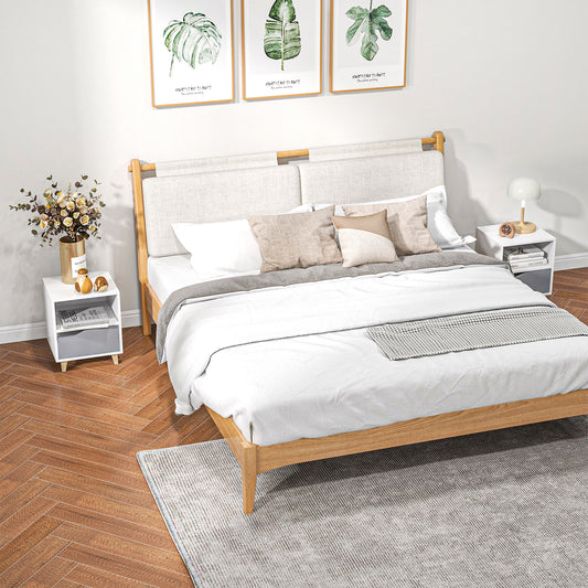 Set of 2 Modern Bedside Tables with Shelves, Drawers and Wood Legs, 36.8cm x 33cm x 43.8cm, White and Grey