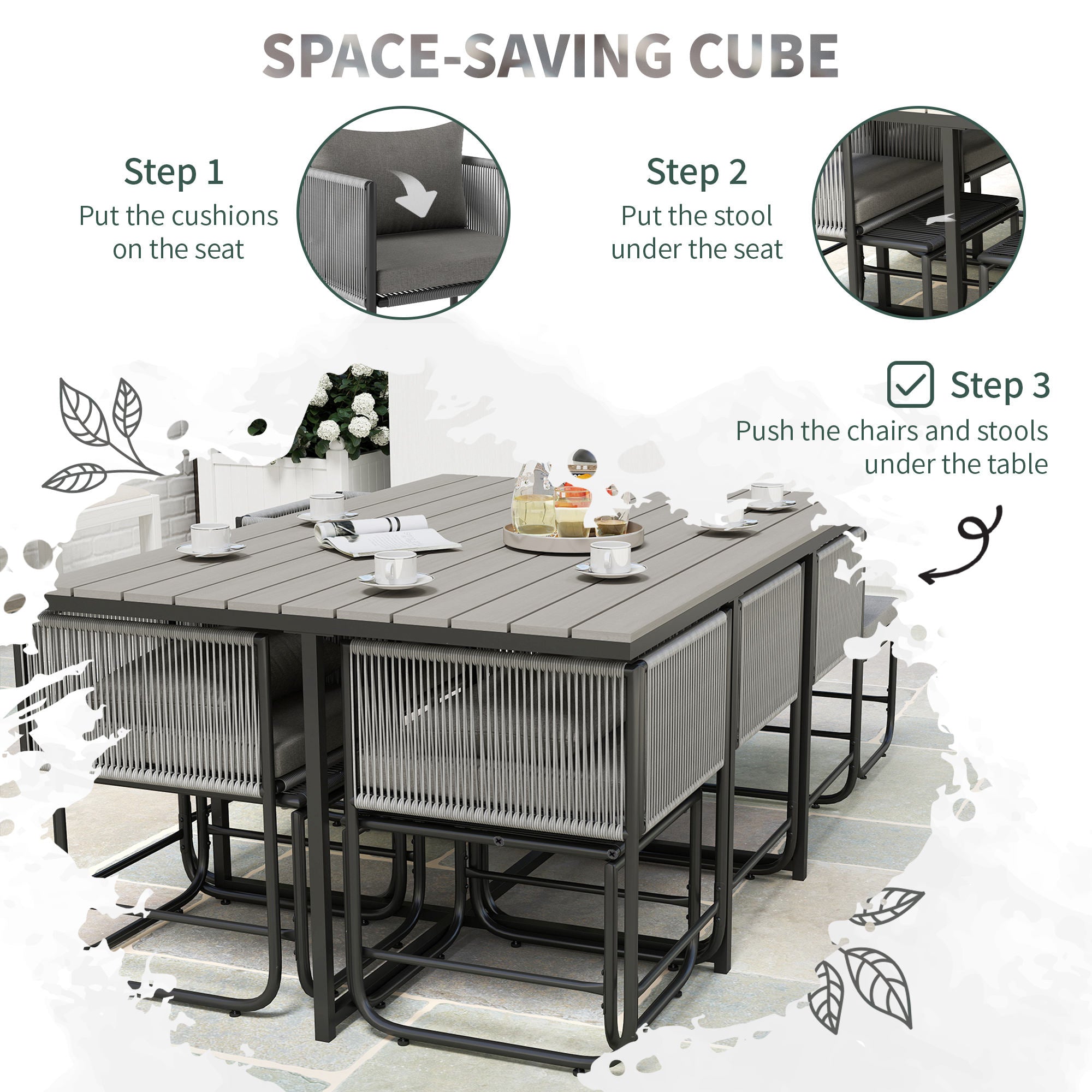 10 Seater Rattan Cube Garden Furniture Set, Rattan Dining Set with Cushions, Outdoor Dining Table and Chairs with 6 Armchairs, 4 Stools, Rectangular Wood Grain Plastic Top Table, Grey