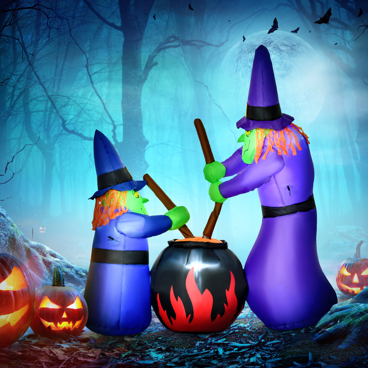 1.8m Inflatable Halloween Lawn Decoration with LED Witches Around A Black Cauldron Outdoor Air Blown Holiday Décor