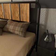 4.8ft Double Bed Frame with Industrial Wood Headboard, Steel Slat Support and 25.5cm Underbed Storage Space, 145 x 199cm, Rustic Brown