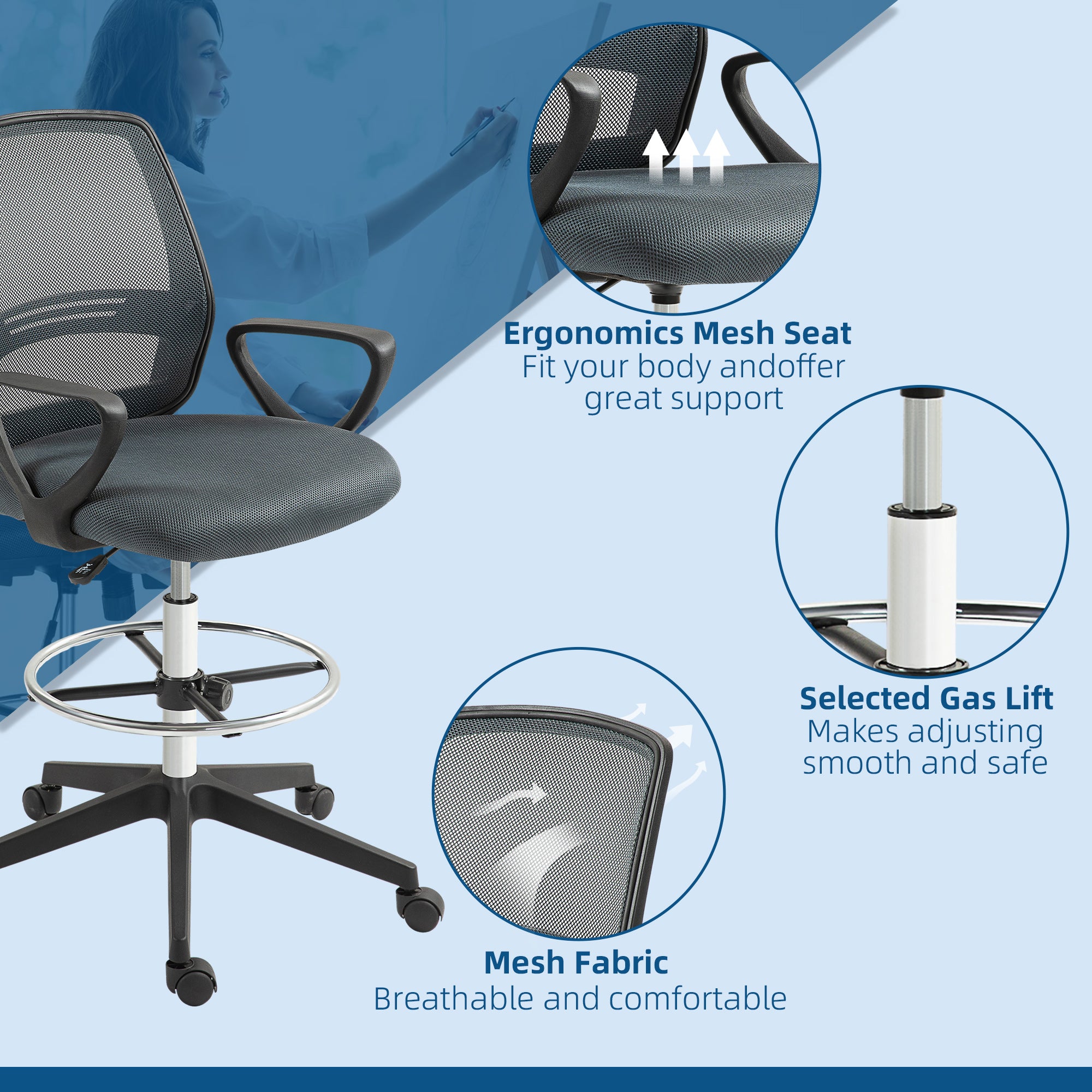102.5-126cm Draughtsman Office Chair, with Footrest - Grey