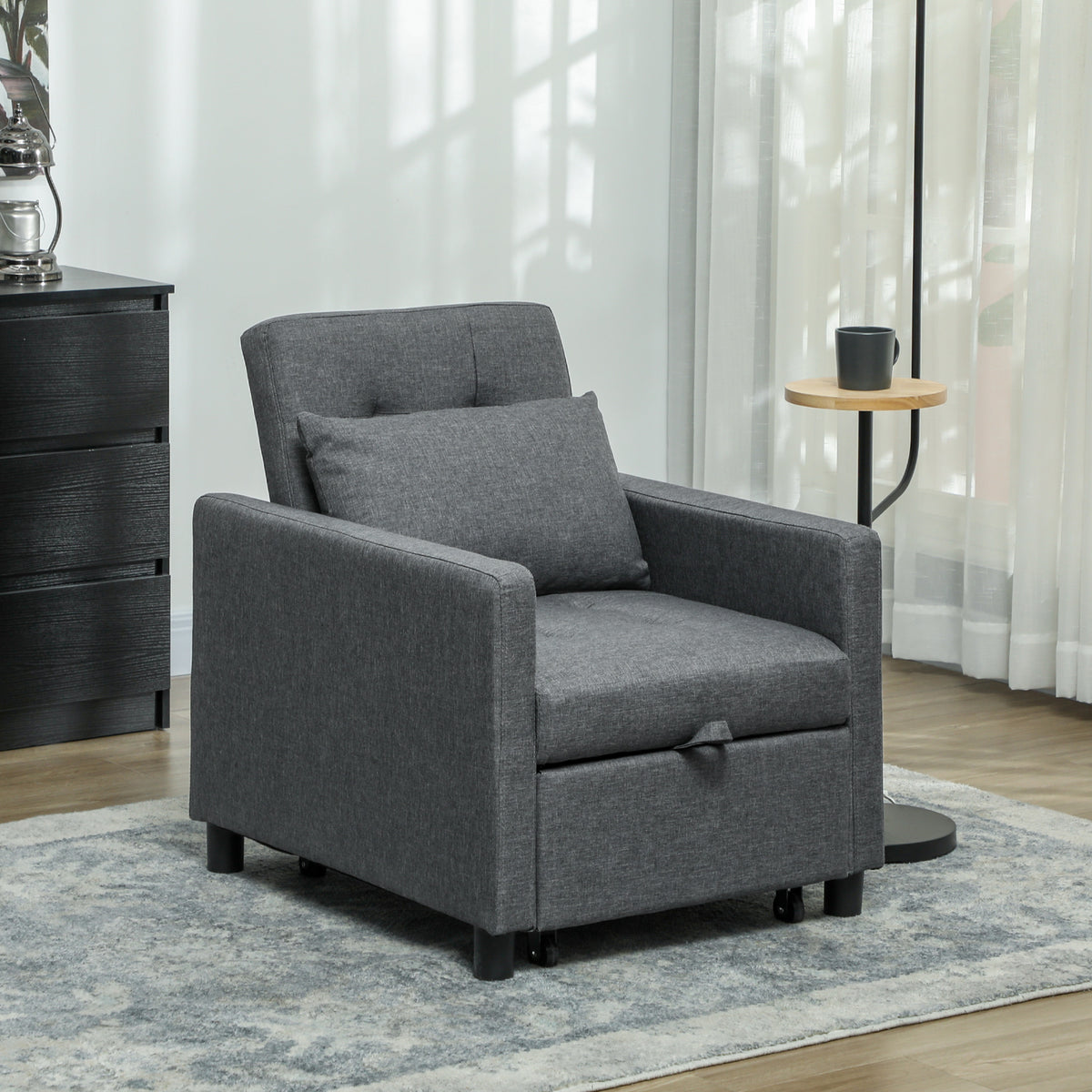 3-In-1 Chair Bed, Convertible Sleeper Chair with Adjustable Backrest, Pillow and Footrest for Living Room, Dark Grey