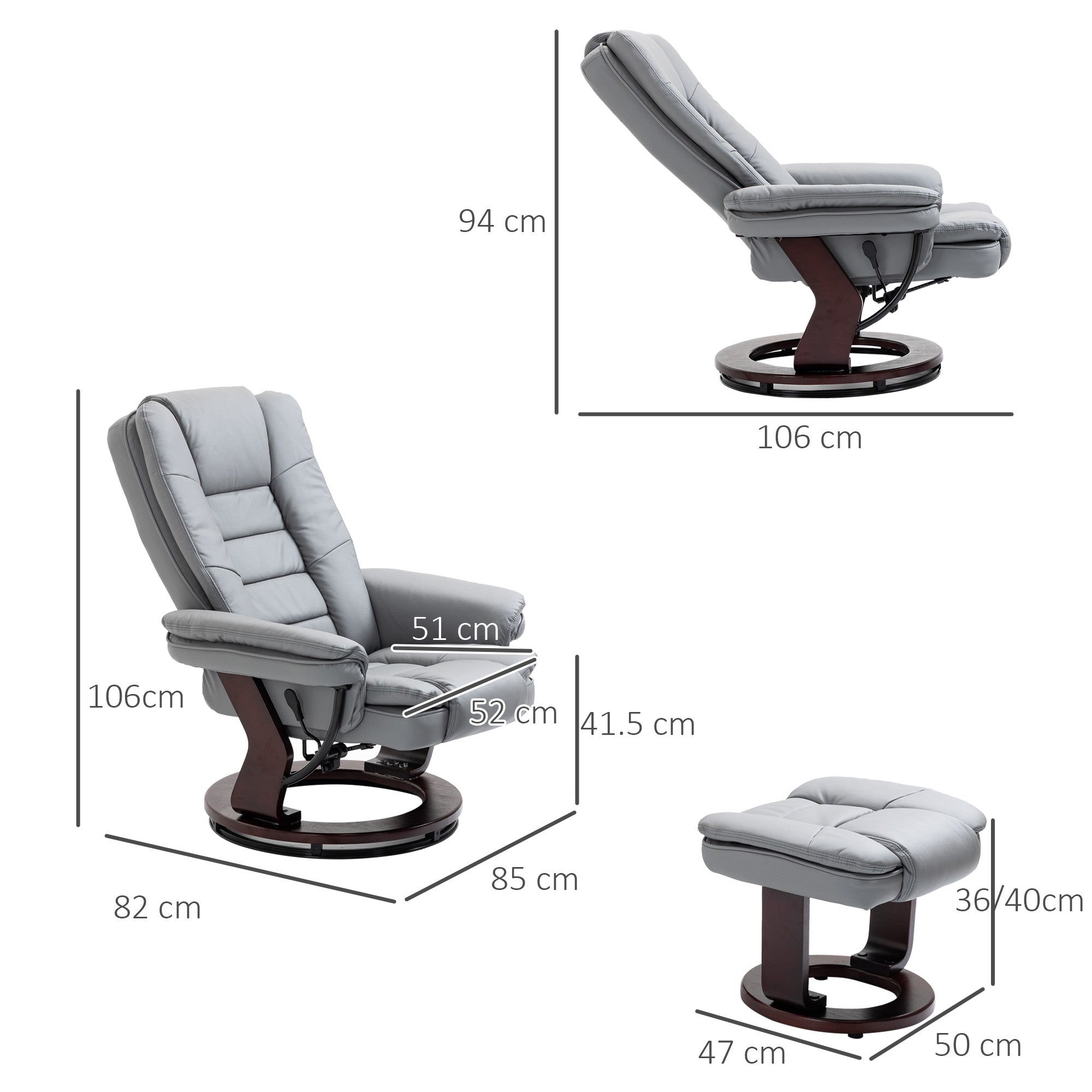 Recliner Chair With footstool, Recliner Armchair up to 130kg Weight Capacity, 135° Reclining Swivel Sofa Chair, PU Leather Ergonomic Couch Bed with Swivel Wood Base for Living Room, Grey