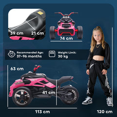 AIYAPLAY 12V Kids Electric Ride On Car with 3 Wheeler, MP3 Player, Horn, 2 Speeds, LED Lights for Boys & Girls Ages 3-8, Pink