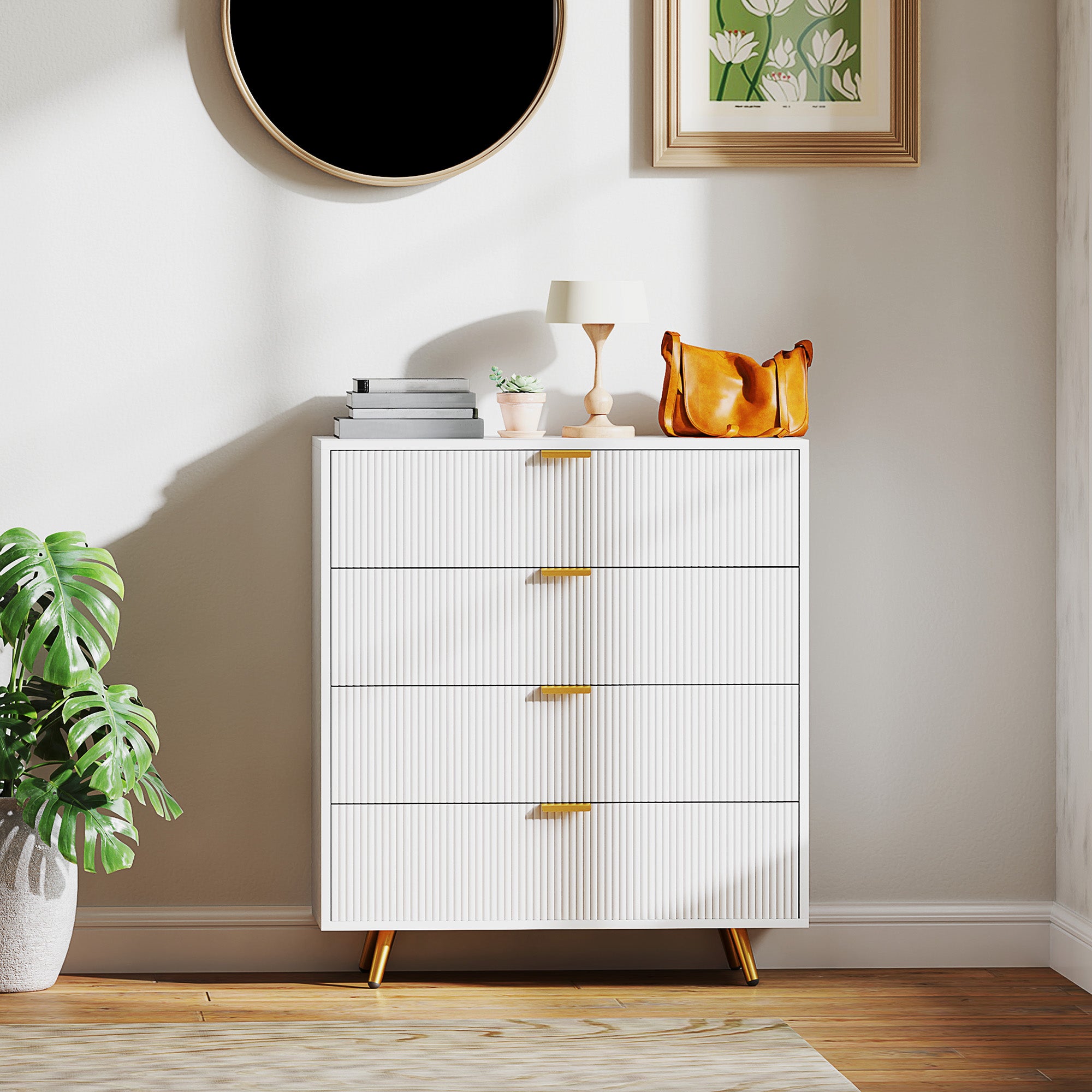 Elegant Four-Drawer Bedside Table - White