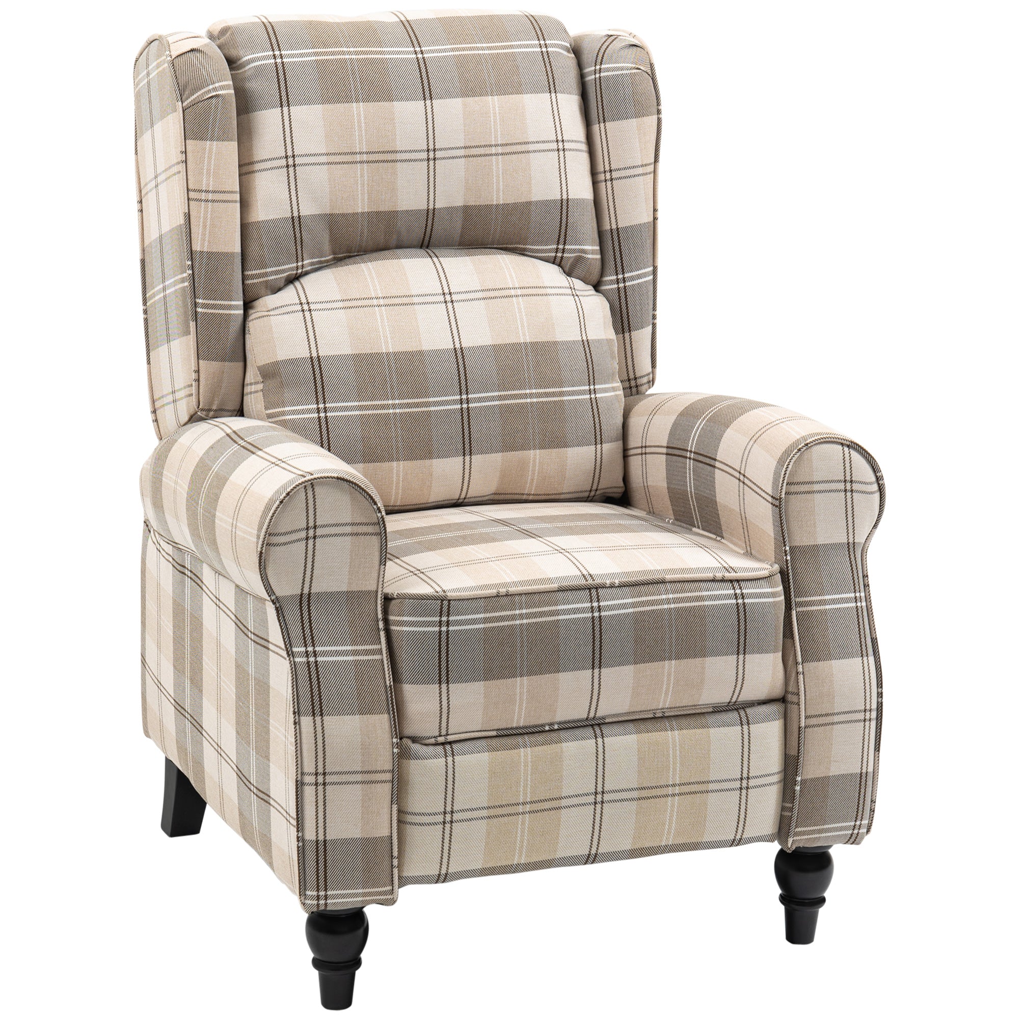 Wingback Recliner Armchair for Living Room, Pushback Reclining Chair with Round Armrests, Footrest and Rubber Wood Legs, Khaki