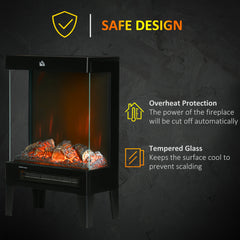 Fynco - 180° Charming Electric Fireplace Heater, Quiet Freestanding Stove with LED Flame Effect, Level-less Temperature Control, Overheating Protection, 1000W/2000W, Black
