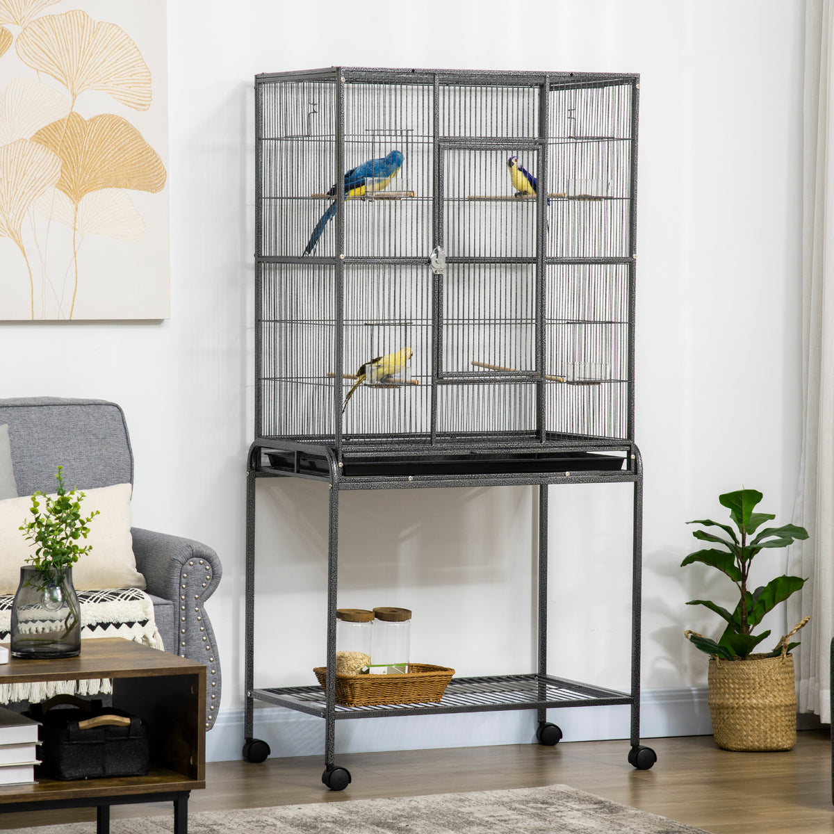 Large Bird Cage Budgie Cage with Stand, Storage Shelf, Wood Perch for Parrot Canary Parakeet Cockatiels, 81 x 48 x 162.5 cm