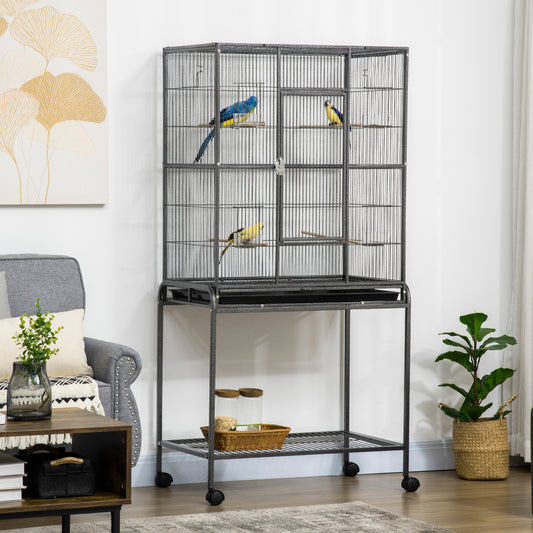 Large Bird Cage Budgie Cage with Stand, Storage Shelf, Wood Perch for Parrot Canary Parakeet Cockatiels, 81 x 48 x 162.5 cm