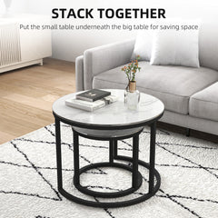 Glass Coffee Table Set of 2, Round Nest of Tables with Marble-Effect Tempered Glass Tabletop and Steel Frame, Modern Side Tables for Living Room, White