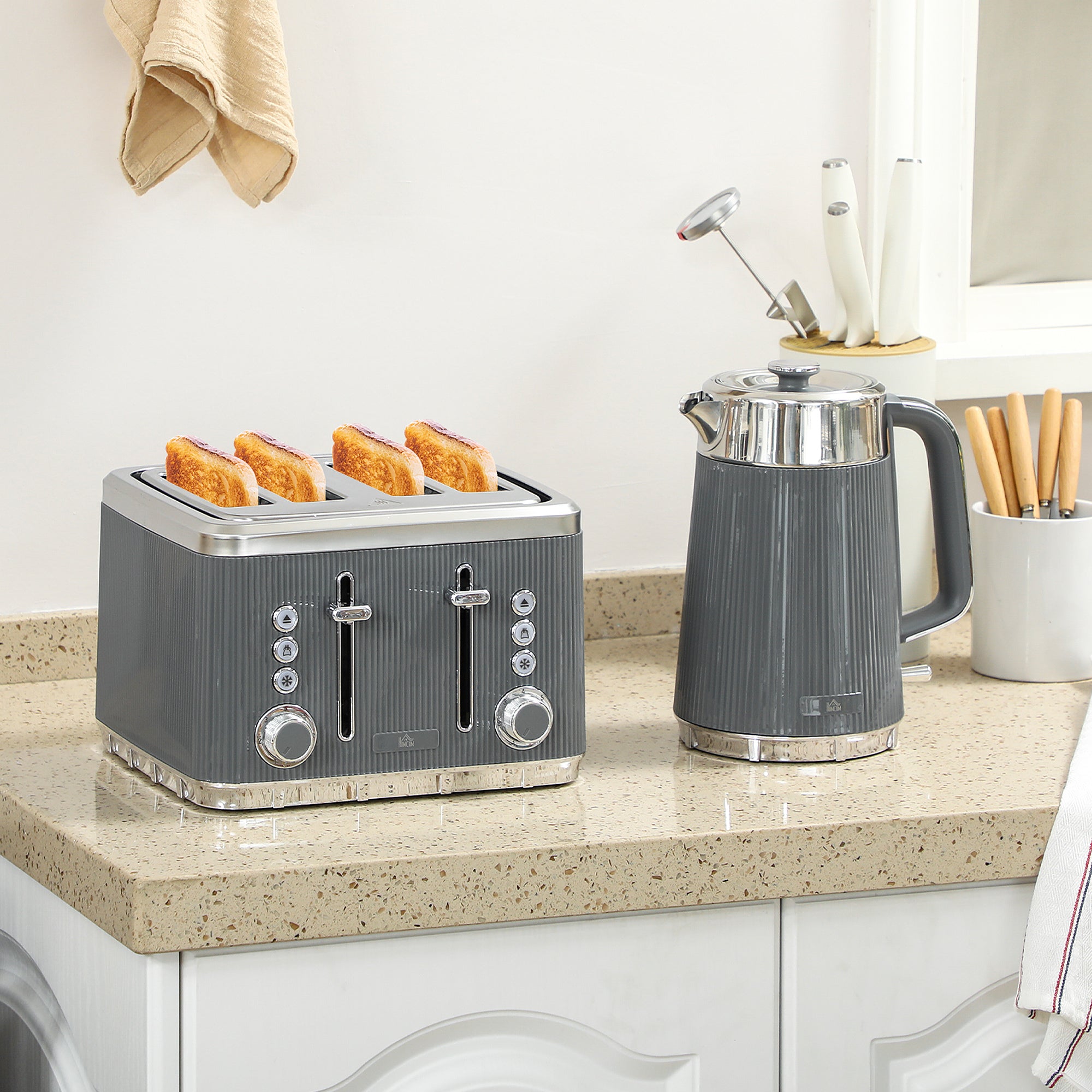 Electric Kettle and Toaster Set, 3000W 1.7L UK Strix Thermostat Rapid Boil Jug Kettle with Limescale Filter, Cool Touch Body, 4 Slice Toaster with 7 Browning Controls, Crumb Tray, Grey